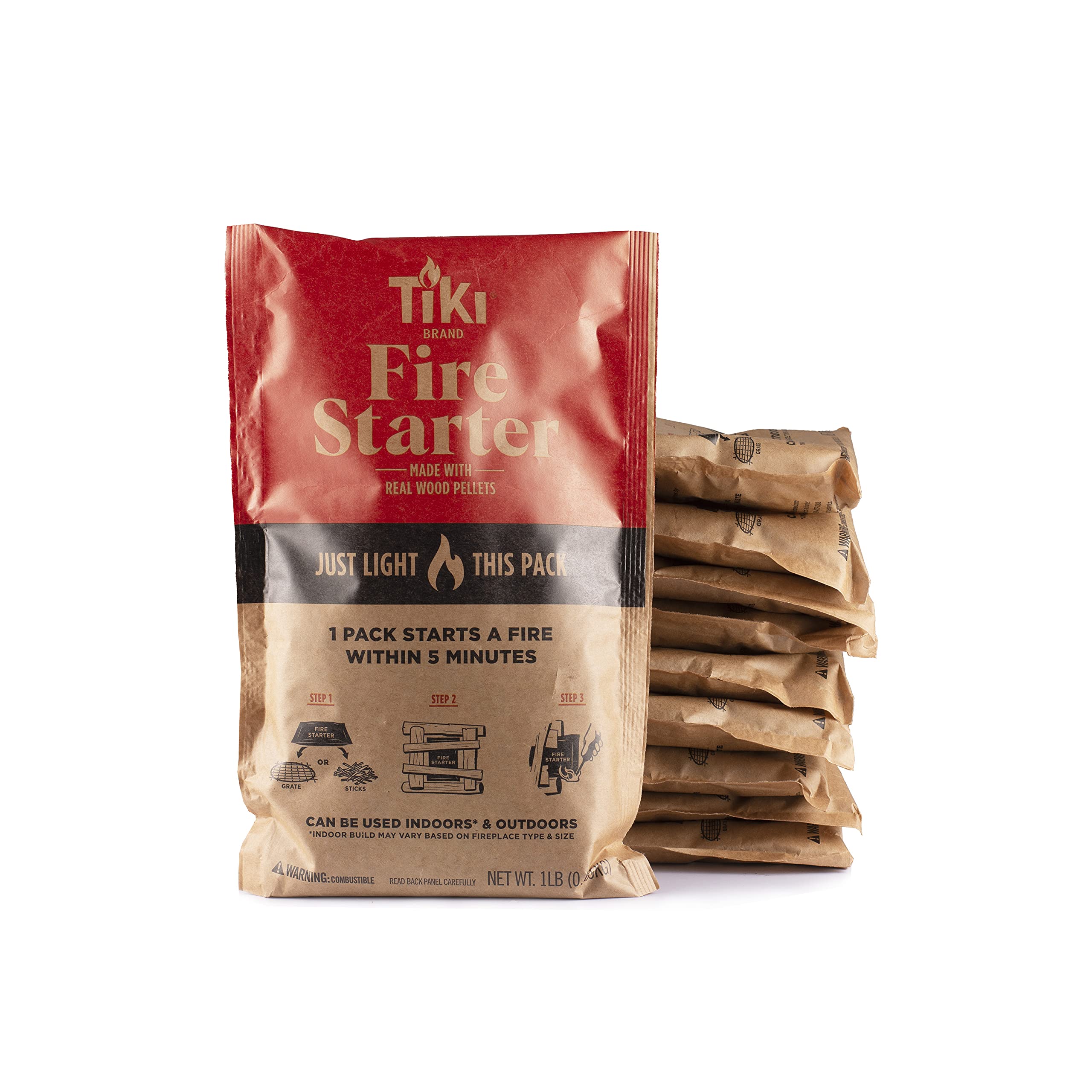 Tiki Fire Starter 10-Pack - Easy-to-Use Wood Pellet Fire Starters for Smokeless Outdoor Fire Pits & Indoor Fireplaces, Quick Lig