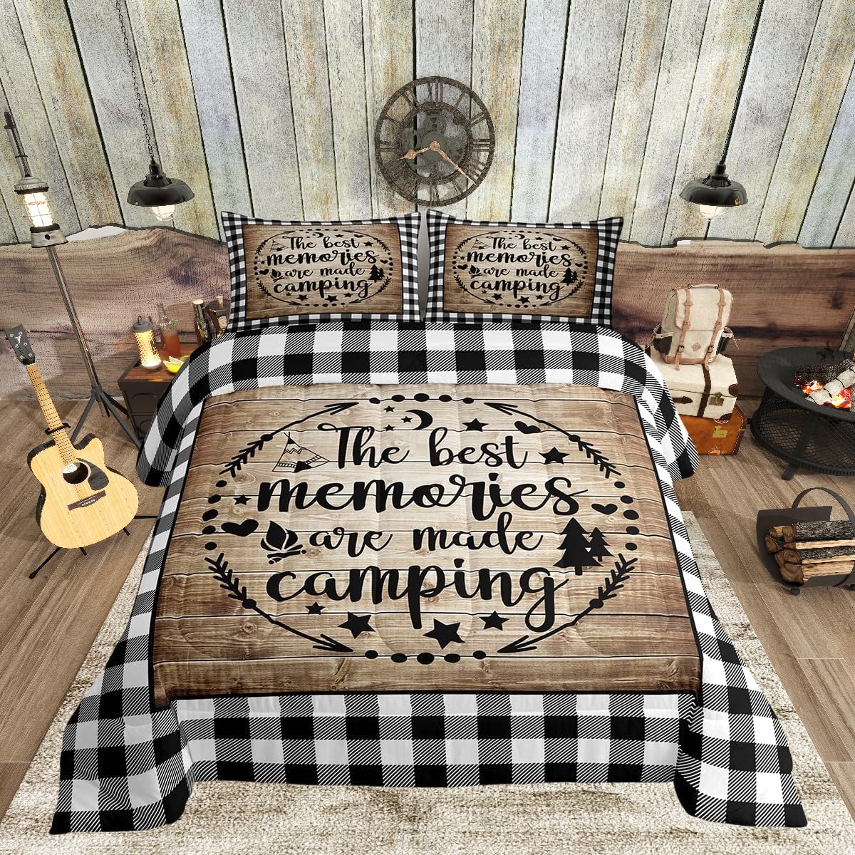 Happy Camping Comforter Set Twin Size,Camper Rv Trailer Decor Bedding Set 2Pcs For Kids Boys Girls Adults,Rustic Wooden Plank Ge