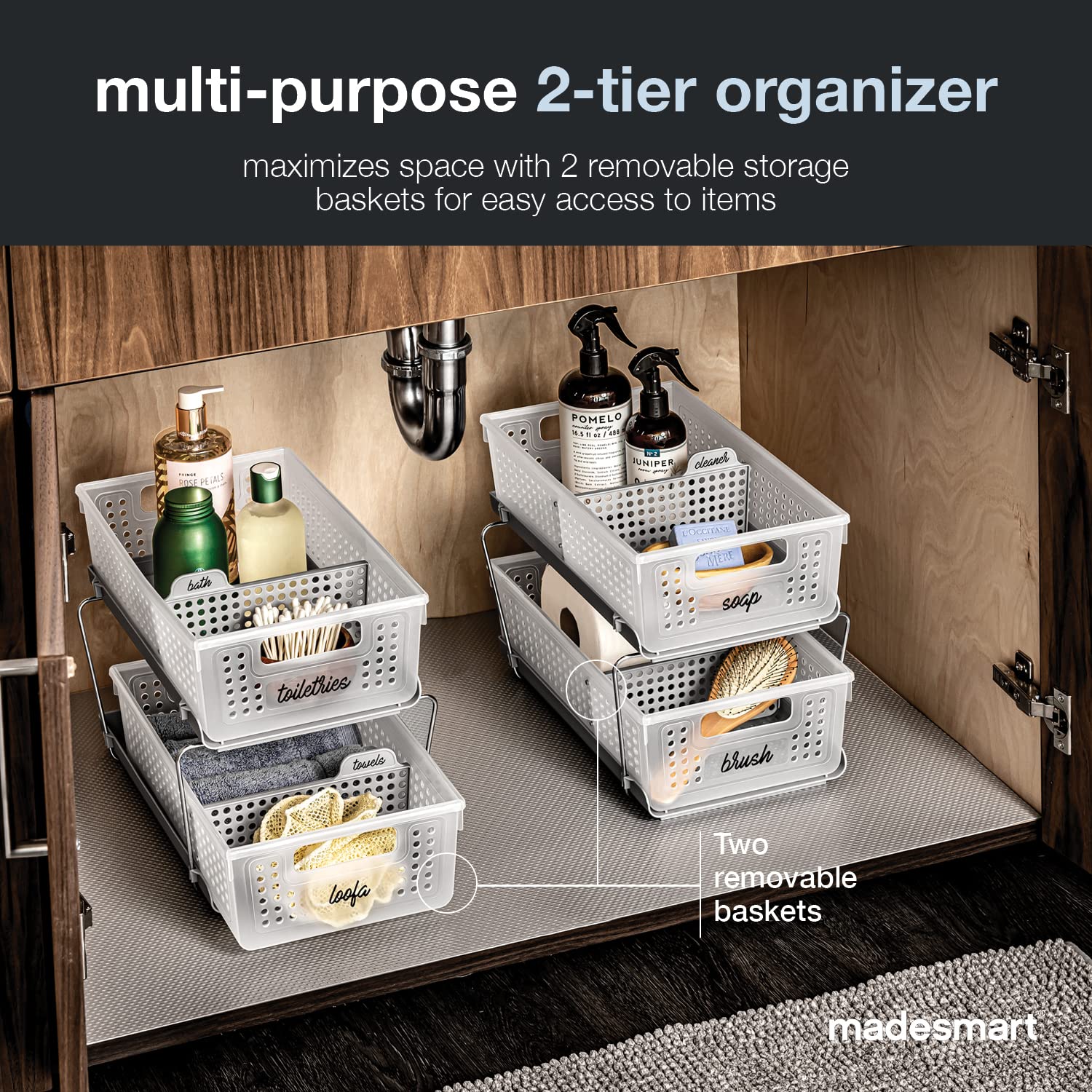 Madesmart 2-Tier Organizer, Multi-Purpose Slide-Out Storage Baskets With Handles And Dividers, Frost