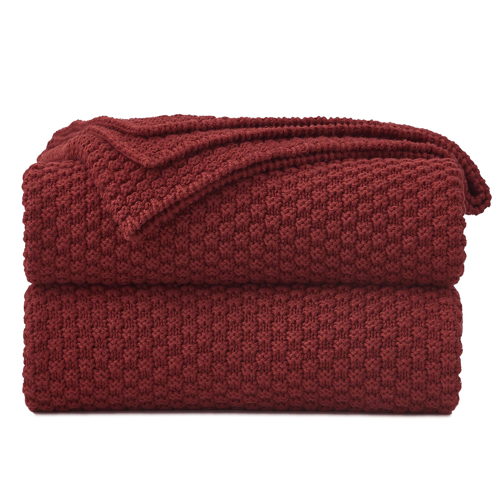 Longhui Bedding Wine Red Knitted Throw Blanket For Couch, Cozy Machine Washable 100% Cotton Sofa Knit Blankets, 51 X 63 Inches,