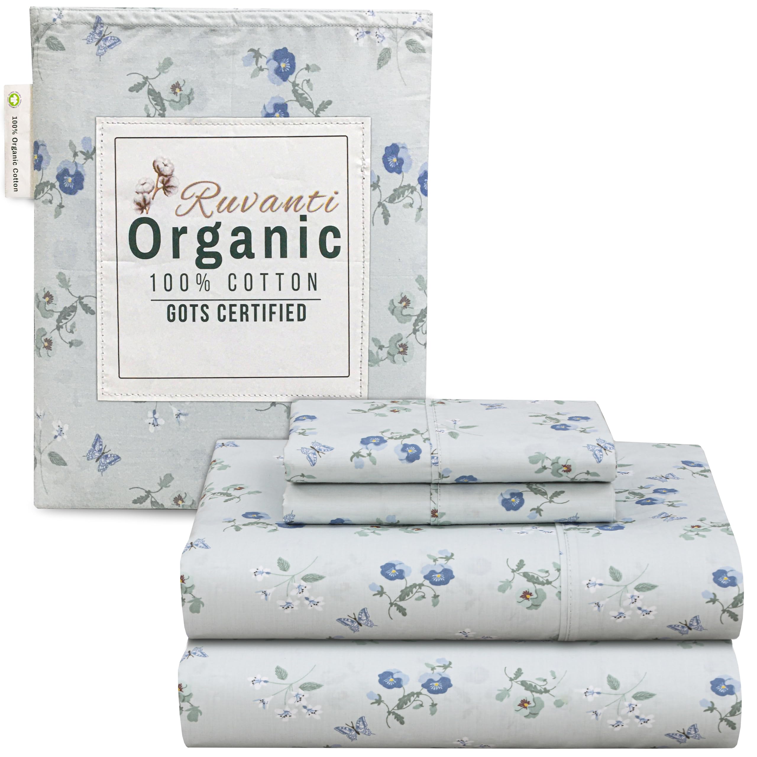 Ruvanti 100% Organic Cotton Full Size Bed Sheets, 4 Pieces, Soft & Breathable Percale Weave Bedding, Deep Pocket 16' Hotel Stan