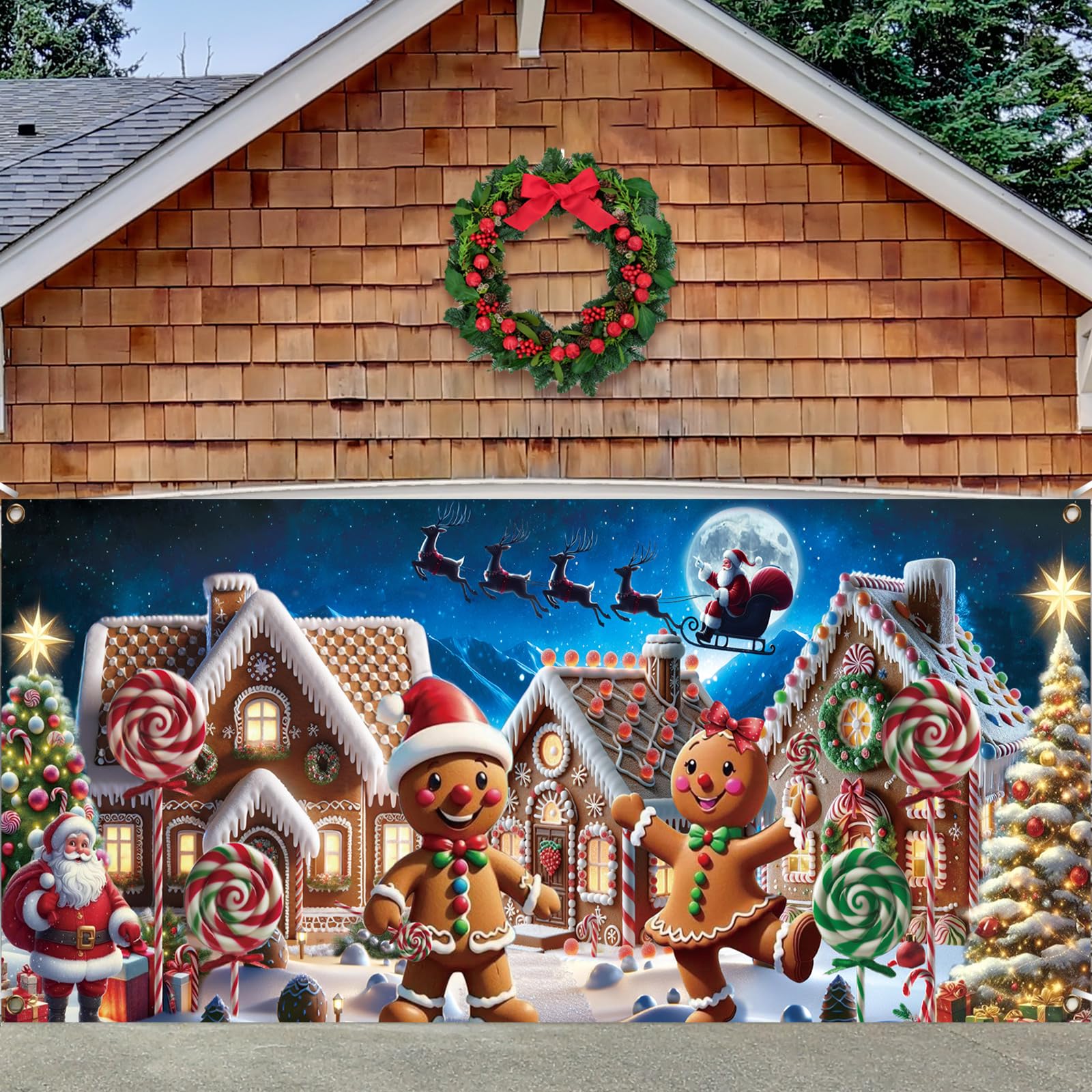 Preboun 7 X 16 Ft Christmas Gingerbread House Garage Door Decoration Gingerbread Garage Door Banner Cover Peppermint Candy Cane