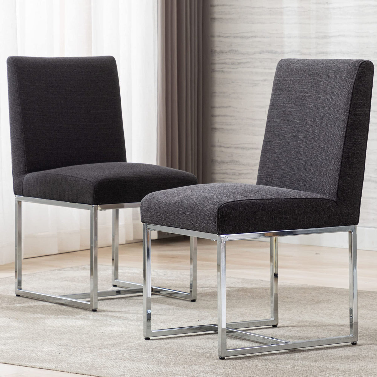 Vescasa Linen Upholstered Dining Chairs Set Of 2, Mid Century Modern Padded Chair With Chrome Metal Frame For Restaurant, Dining
