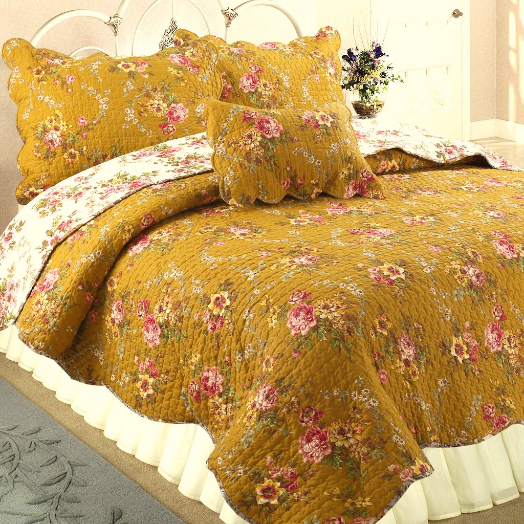 Cozy Line Home Fashions Perry Mustard Yellow Floral Blooming Flower Printed 100% Cotton Vintage Quilt Bedding Set Reversible Cov