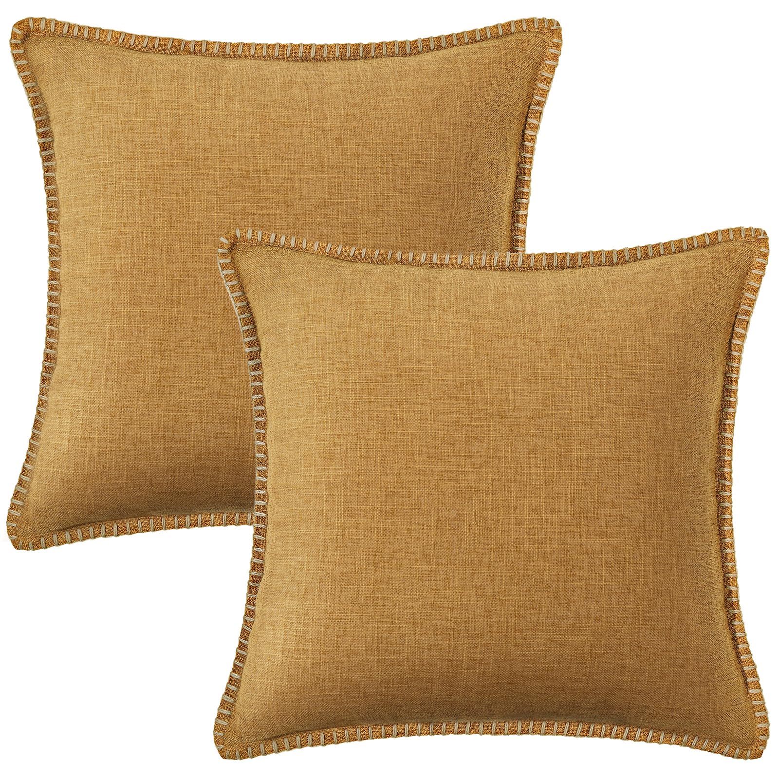 Decoruhome Fall Decorative Outdoor Throw Pillow Covers 22X22 Set Of 2, Square Linen Farmhouse Pillow Covers With Stitched Edge,