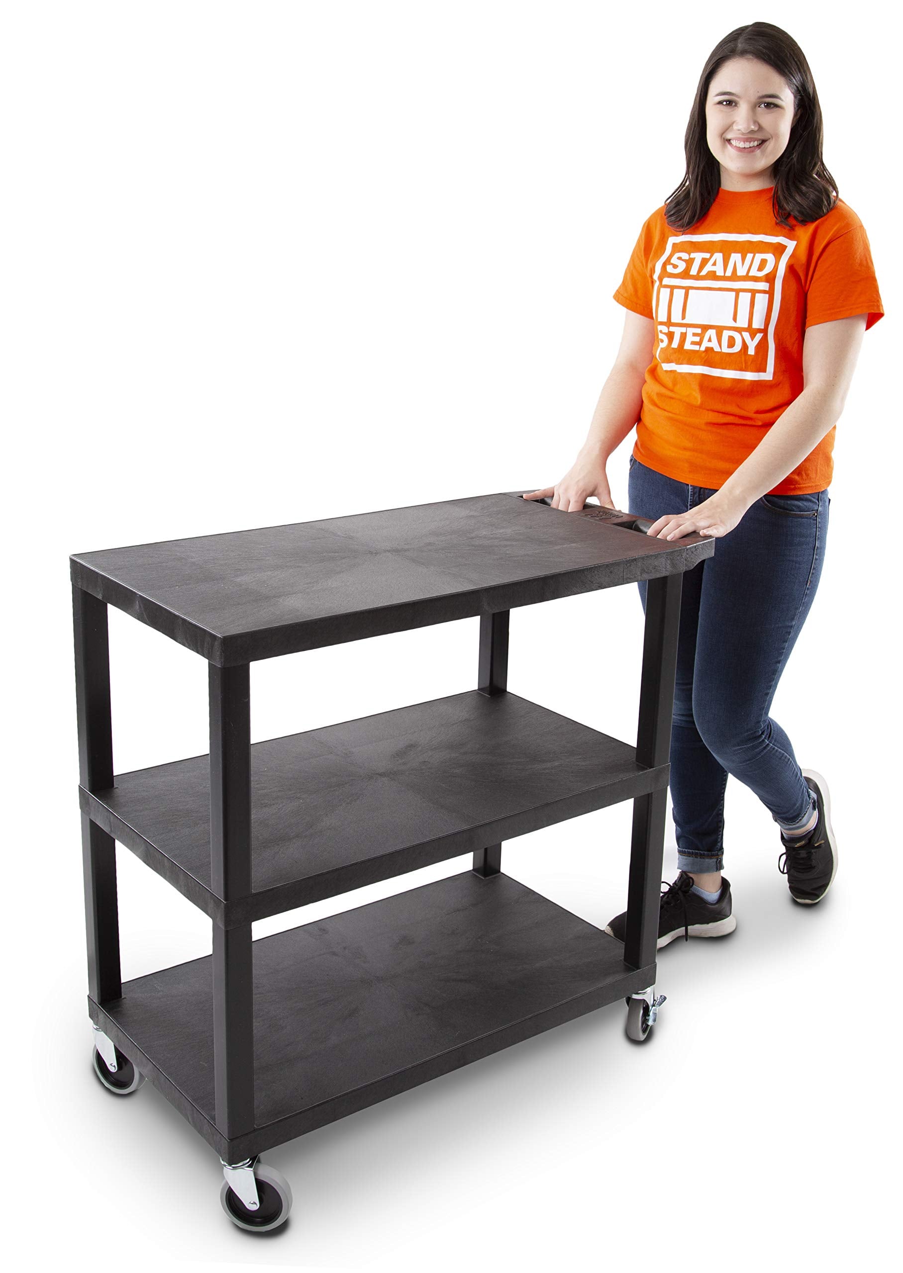 Stand Steady Tubstr 3 Flat Top Shelf Utility Cart Supports Up To 400 Lbs - Heavy-Duty Plastic Service Push Cart With Three Flat Shelves, For Offices, Warehouse Storage, Garage Tools (Black, 35 X 18)