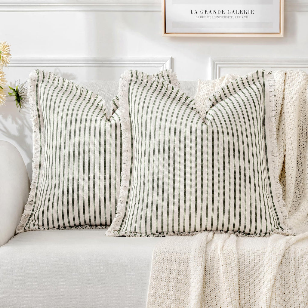 Miulee Pack Of 2 Olive Green Pillow Covers 24X24 Inch Striped Farmhouse Couch Spring Throw Pillow Covers With Fringe Chic Linen Decorative Cushion Covers For Sofa Living Room Bed Home Decor