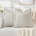Miulee Pack Of 2 Olive Green Pillow Covers 24X24 Inch Striped Farmhouse Couch Spring Throw Pillow Covers With Fringe Chic Linen Decorative Cushion Covers For Sofa Living Room Bed Home Decor