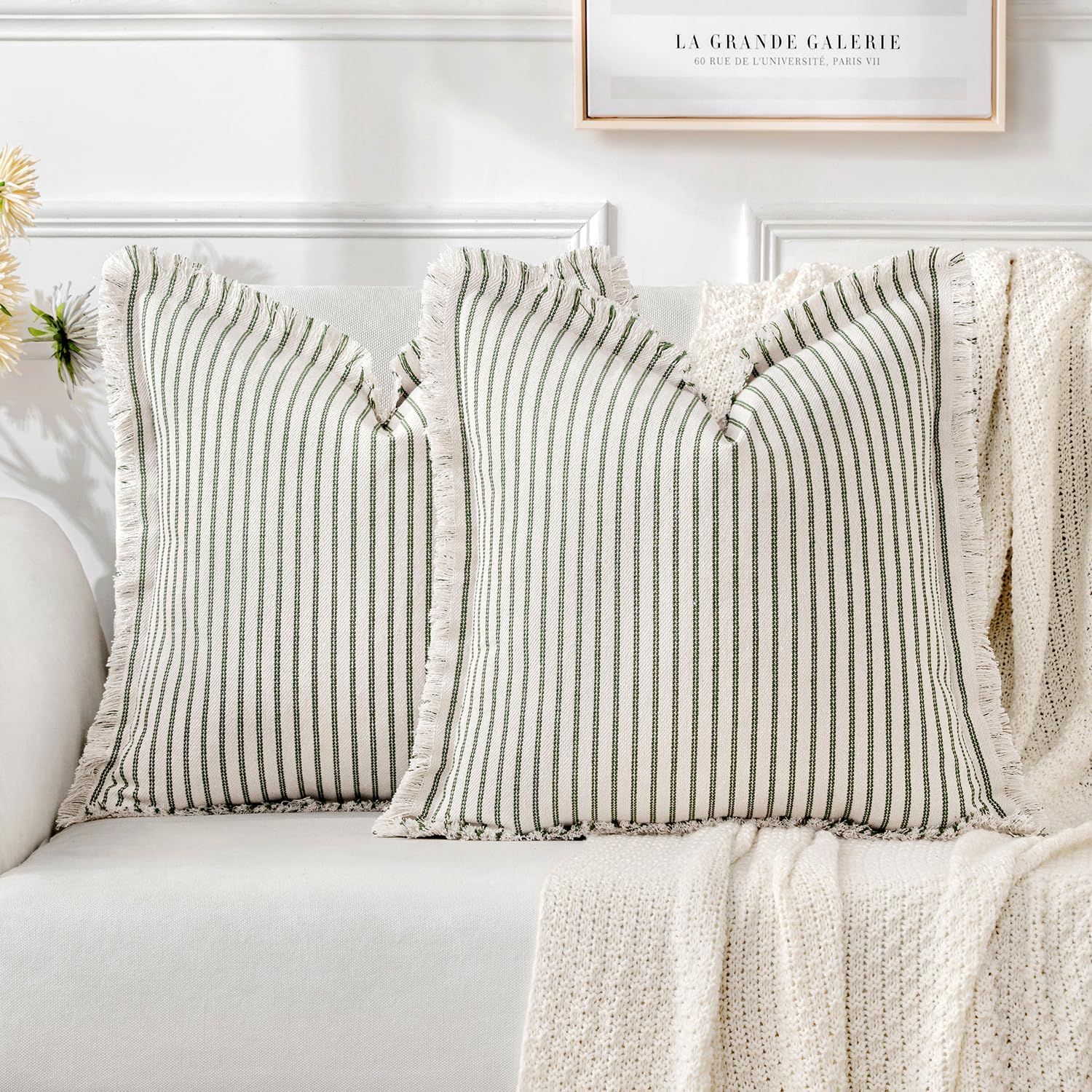 Miulee Pack Of 2 Olive Green Pillow Covers 24X24 Inch Striped Farmhouse Couch Spring Throw Pillow Covers With Fringe Chic Linen Decorative Cushion Covers For Sofa Living Room Bed Home Decor
