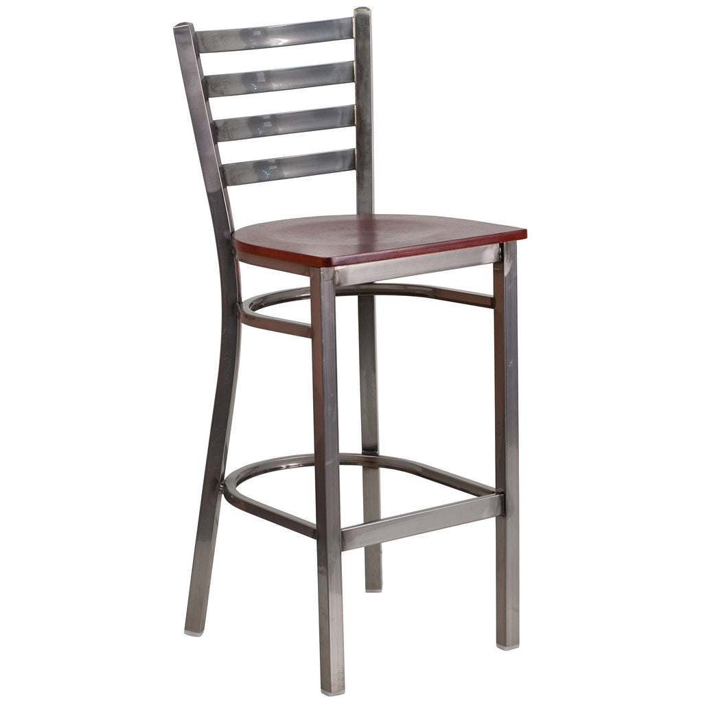 Flash Furniture Hercules Series Clear Coated Ladder Back Metal Restaurant Barstool - Mahogany Wood Seat