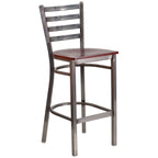 Flash Furniture Hercules Series Clear Coated Ladder Back Metal Restaurant Barstool - Mahogany Wood Seat