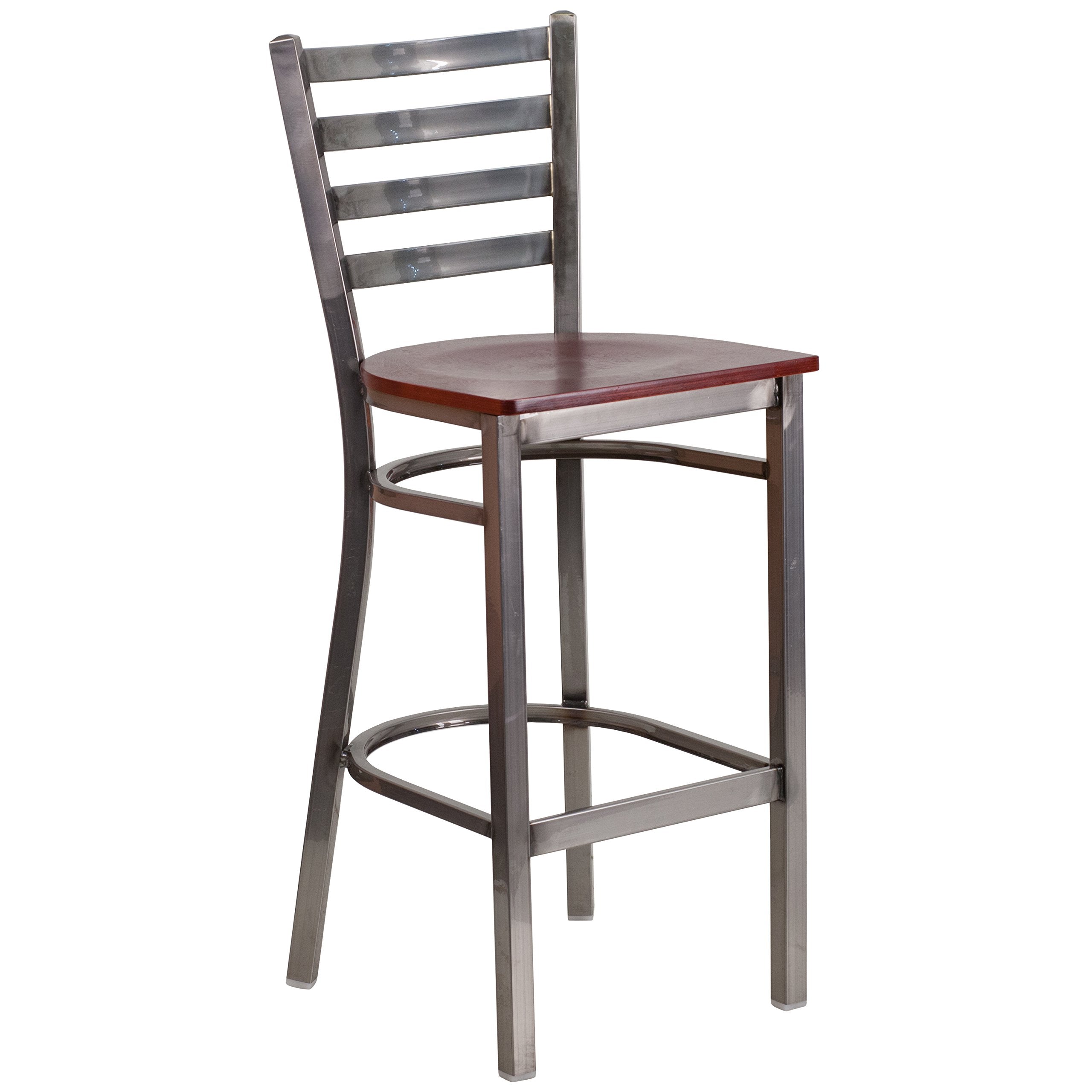 Flash Furniture Hercules Series Clear Coated Ladder Back Metal Restaurant Barstool - Mahogany Wood Seat