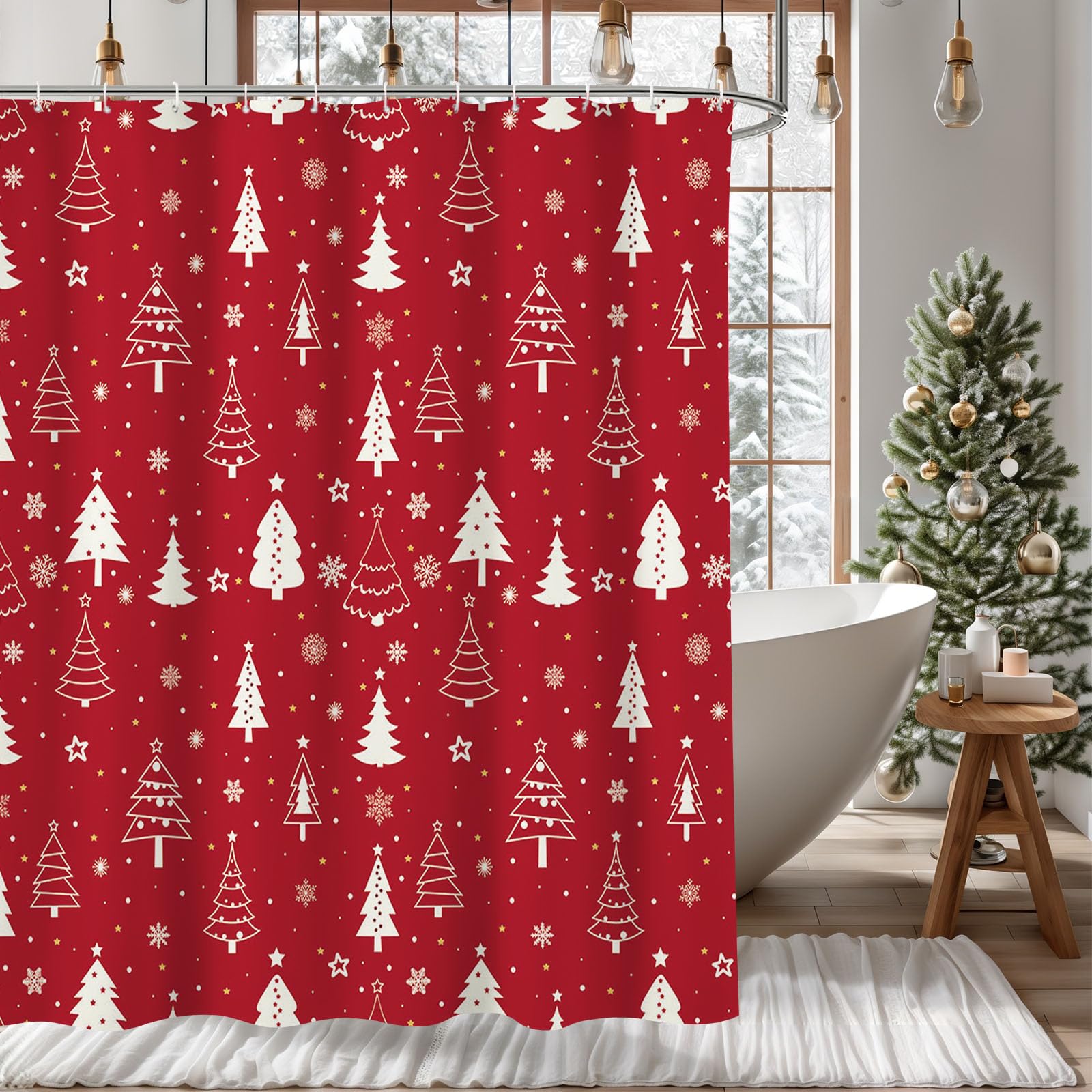 Mehofond Christmas Shower Curtain Christmas Tree Shower Curtains For Bathroom Red Xmas Snowflake Bathroom Decor Washable Durable
