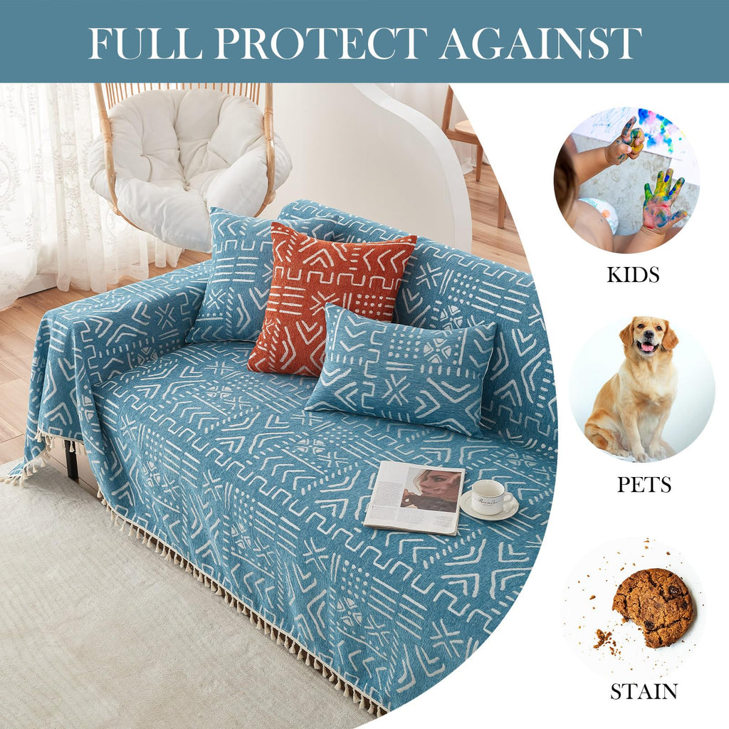 Handontime Turquoise Couch Protector For Dogs Boho Tassel Blue Couch Cover Farmhouse Sofa Covers Aztec Tribal Couch Covers For 3 Cushion Couch Sofa Universal Sofa Slipcover For Home Décor, 71' X134'
