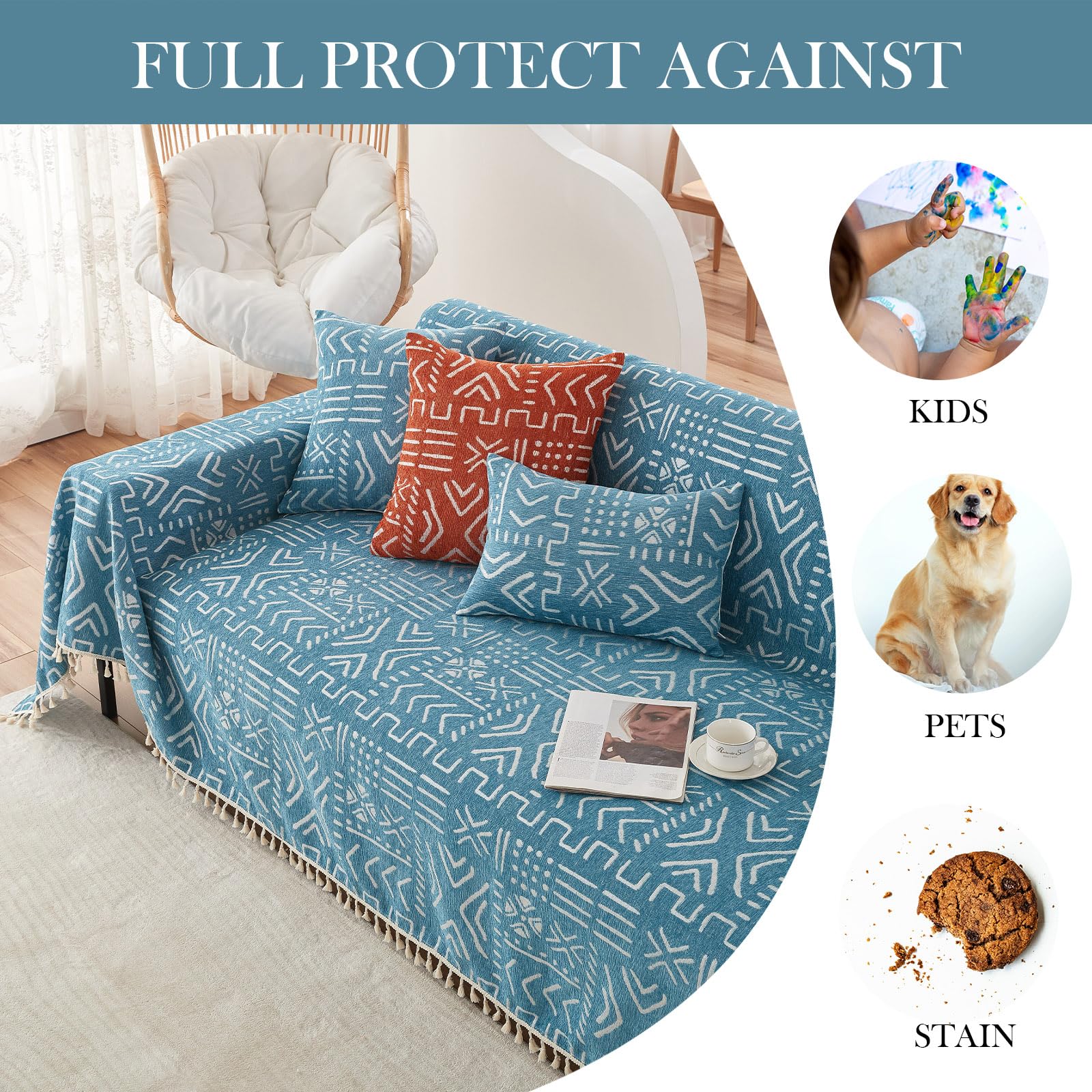 Handontime Turquoise Couch Protector For Dogs Boho Tassel Blue Couch Cover Farmhouse Sofa Covers Aztec Tribal Couch Covers For 3 Cushion Couch Sofa Universal Sofa Slipcover For Home Décor, 71' X150'