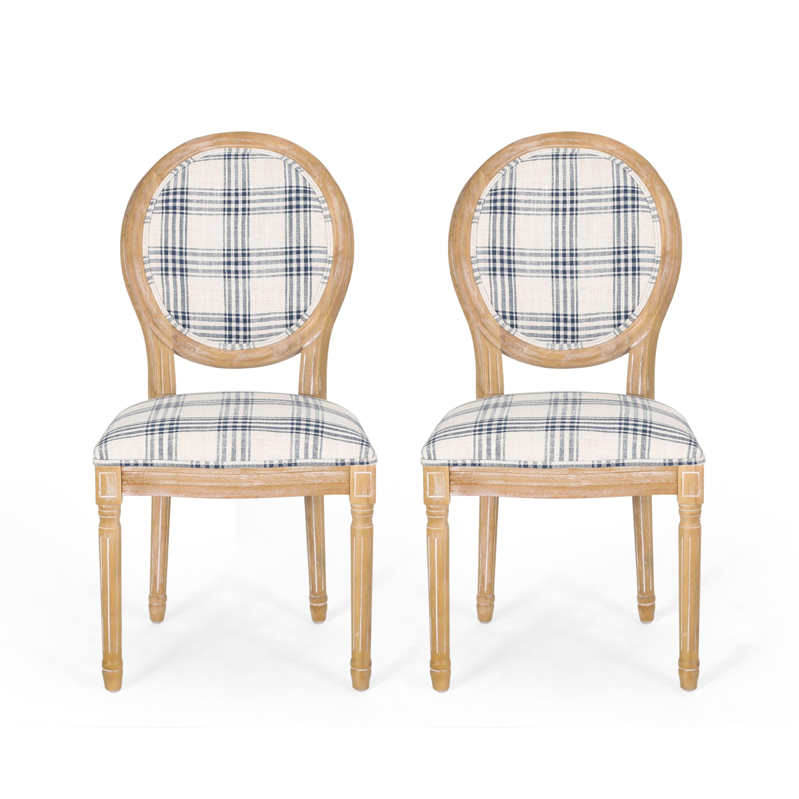 Christopher Knight Home Phinnaeus Dining Chair Set, Set of 2, Fabric, Dark Blue Plaid + Natural