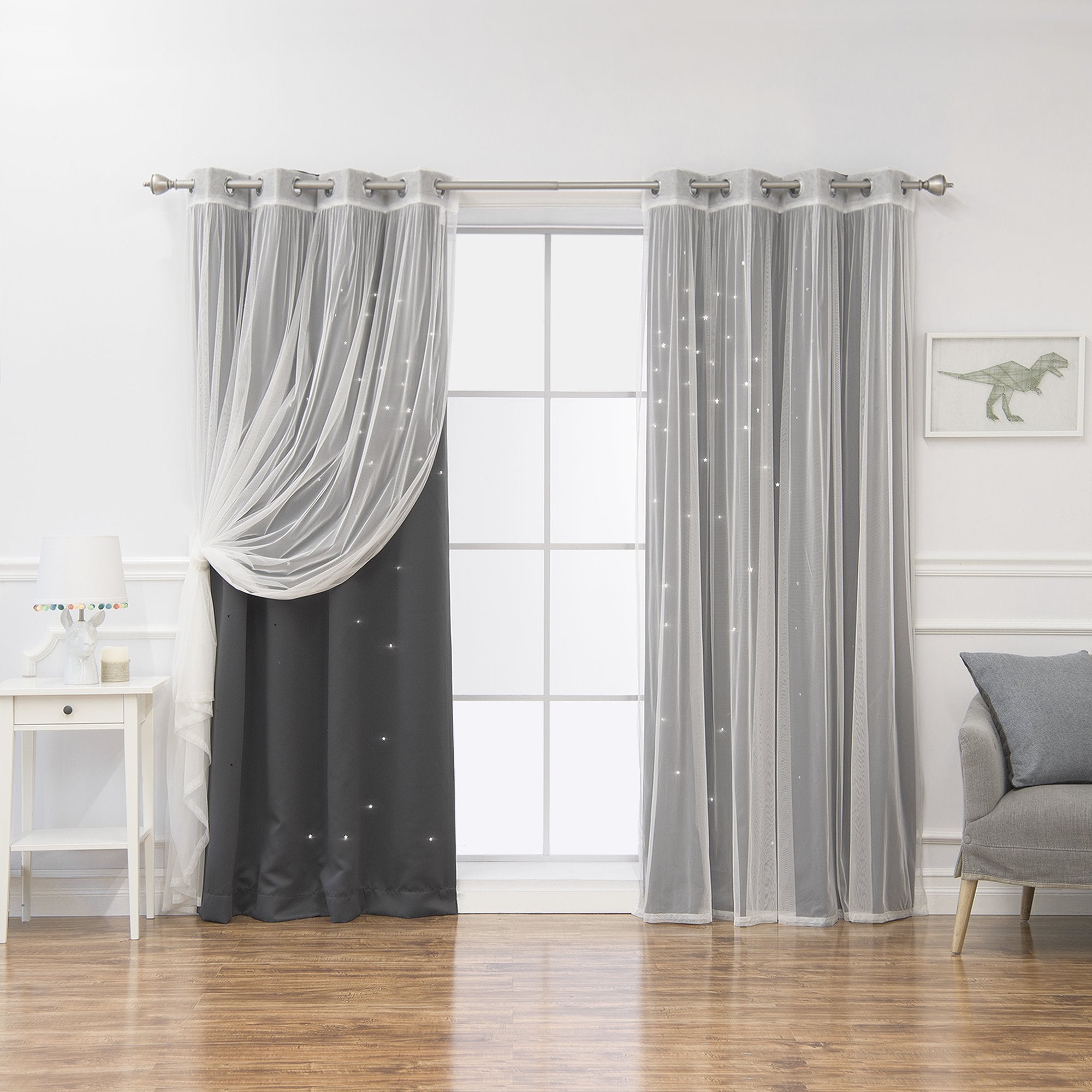 Best Home Fashion Umixm Tulle & Star Cut Out Blackout Curtains - Dk.Grey - 52' W X 84' L - (2 Curtains And 2 Sheer Curtains)