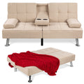 Best Choice Products Linen Modern Folding Futon, Reclining Sofa Bed for Apartment, Dorm w/Removable Armrests, 2 Cupholders - Bei
