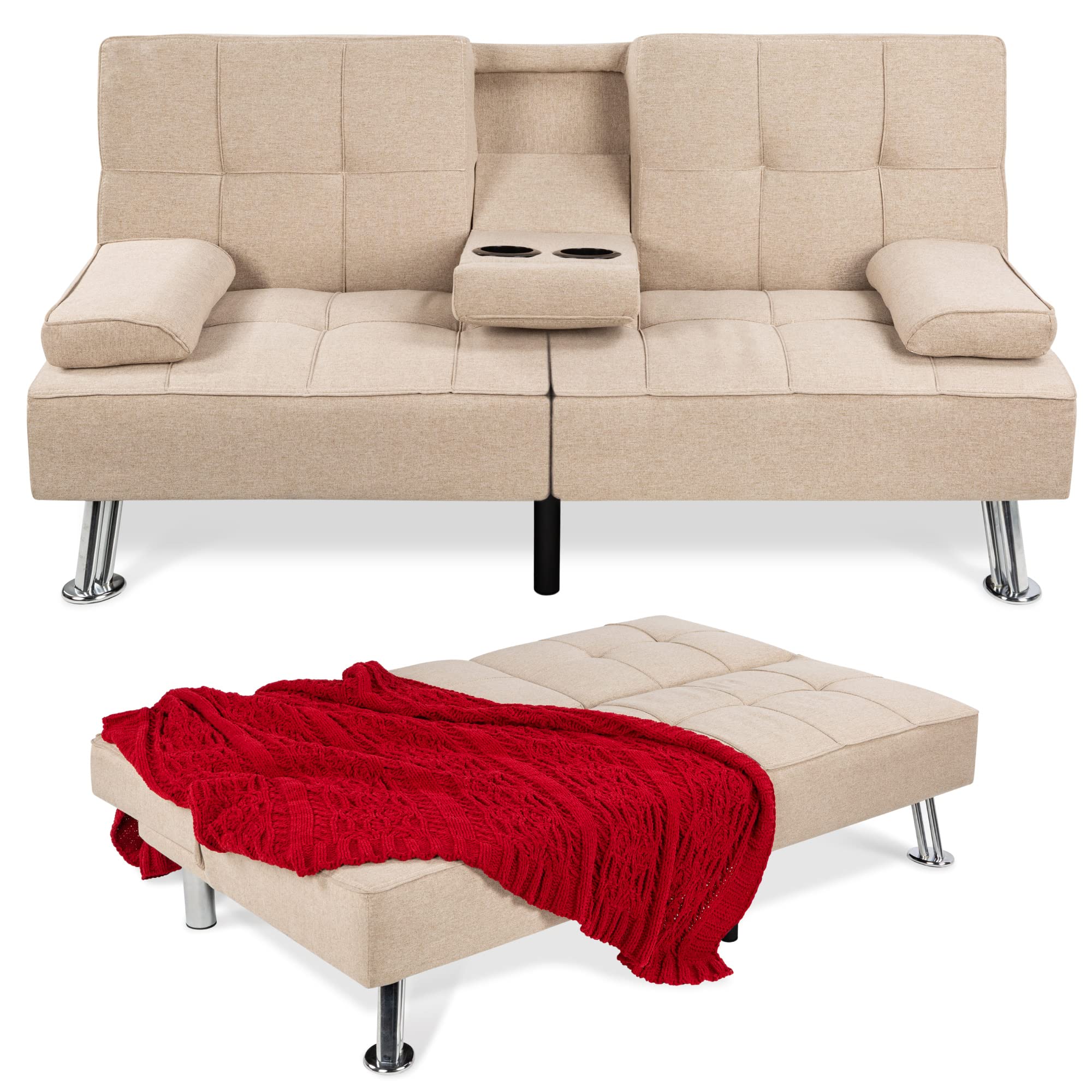Best Choice Products Linen Modern Folding Futon, Reclining Sofa Bed for Apartment, Dorm w/Removable Armrests, 2 Cupholders - Bei