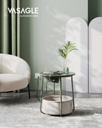 Vasagle Side Table With Charging Station, Round End Table With Fabric Basket, Nightstand With Power Outlets Usb Ports, For Living Room, Bedroom, Modern, Forest Green And Cream White Ulet228C04