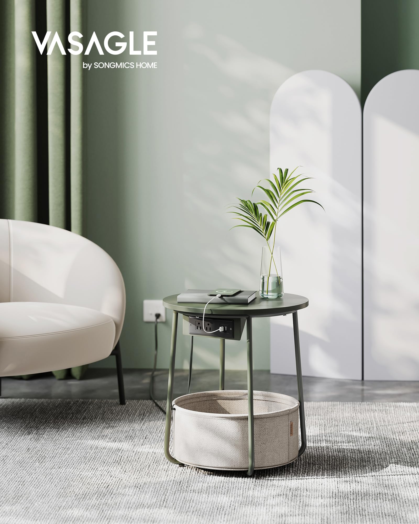 Vasagle Side Table With Charging Station, Round End Table With Fabric Basket, Nightstand With Power Outlets Usb Ports, For Living Room, Bedroom, Modern, Forest Green And Cream White Ulet228C04