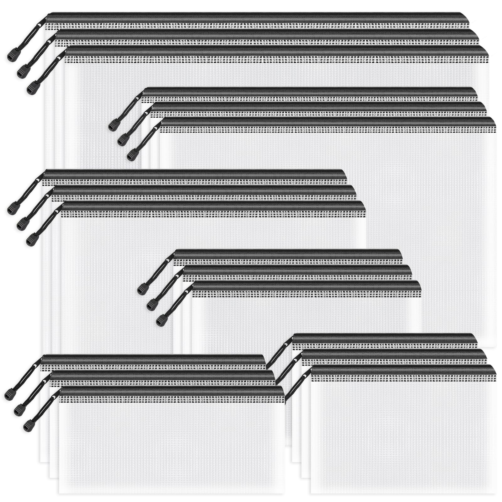 Umriox Zipper Mesh Document Pouch, 6 Assorted Size (Black, 18 Packs), Clear Zipper Pouches, Waterproof Travel Pouch For Office S