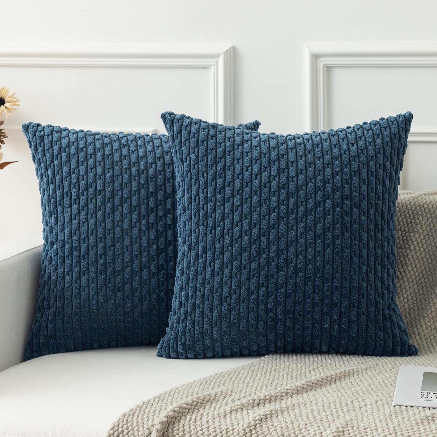 Kevin Textile Pack Of 2 Blue Corduroy Decorative Throw Pillow Covers 16X16 Inch Soft Boho Striped Pillow Covers Modern Farmhouse Home Decor For Autumn Sofa Living Room Couch Bed