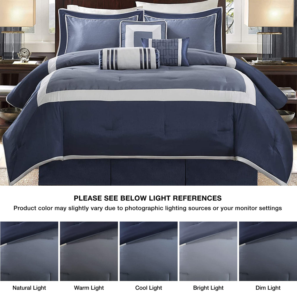 Madison Park Cozy Comforter Set-Deluxe Hotel Collection, All Season Down Alternative Luxury Bedding With Matching Shams, Decorative Pillows, King(104'X92'), Genevieve, Navy 7 Piece