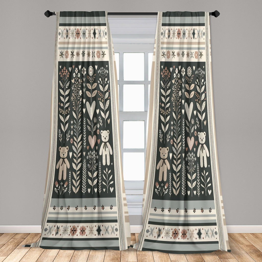 Ambesonne Neutral Window Curtains, Cartoonish Bears Nordic Scandi Themed Leaves Botanical Hearts Minimal Tones, Lightweight Deco