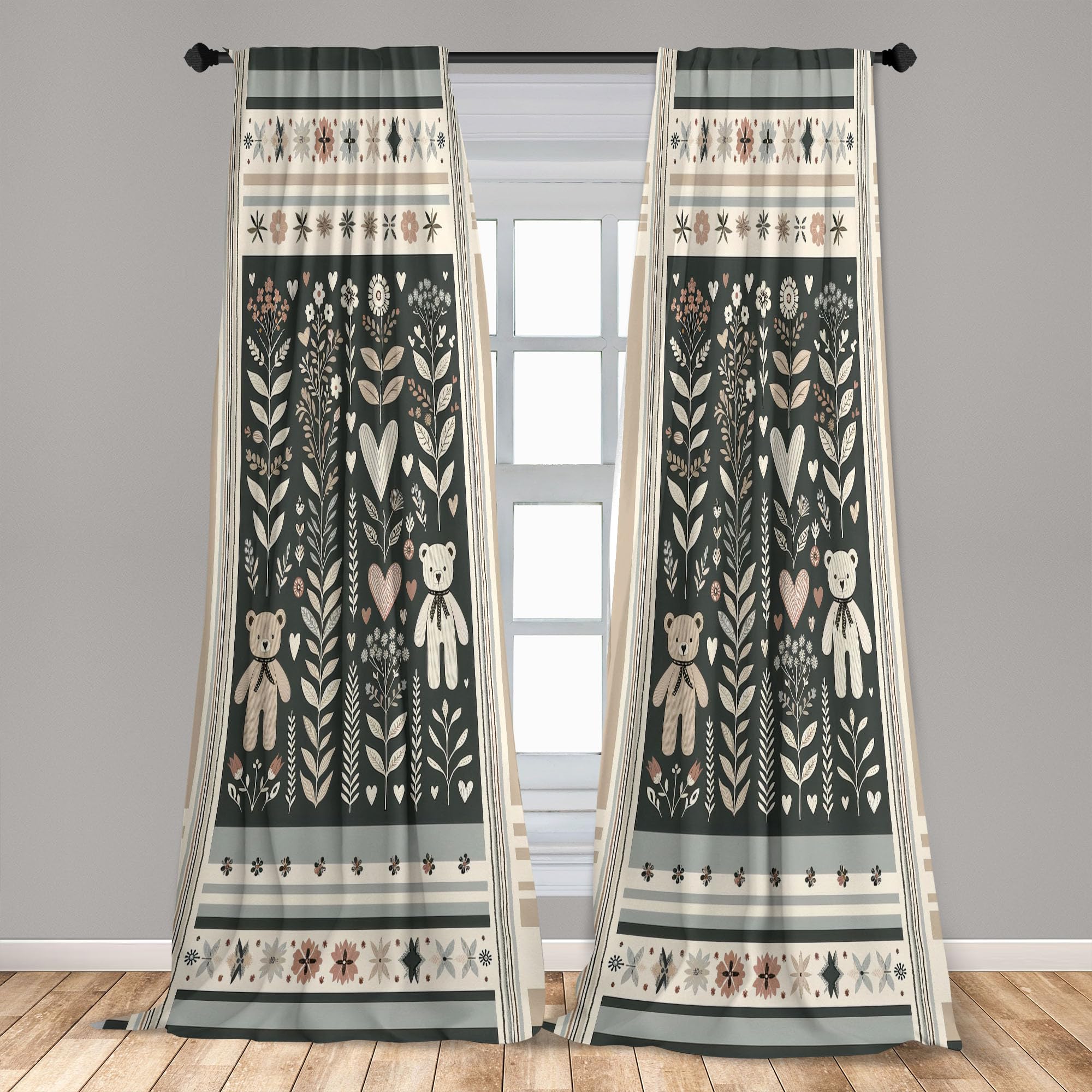 Ambesonne Neutral Window Curtains, Cartoonish Bears Nordic Scandi Themed Leaves Botanical Hearts Minimal Tones, Lightweight Deco