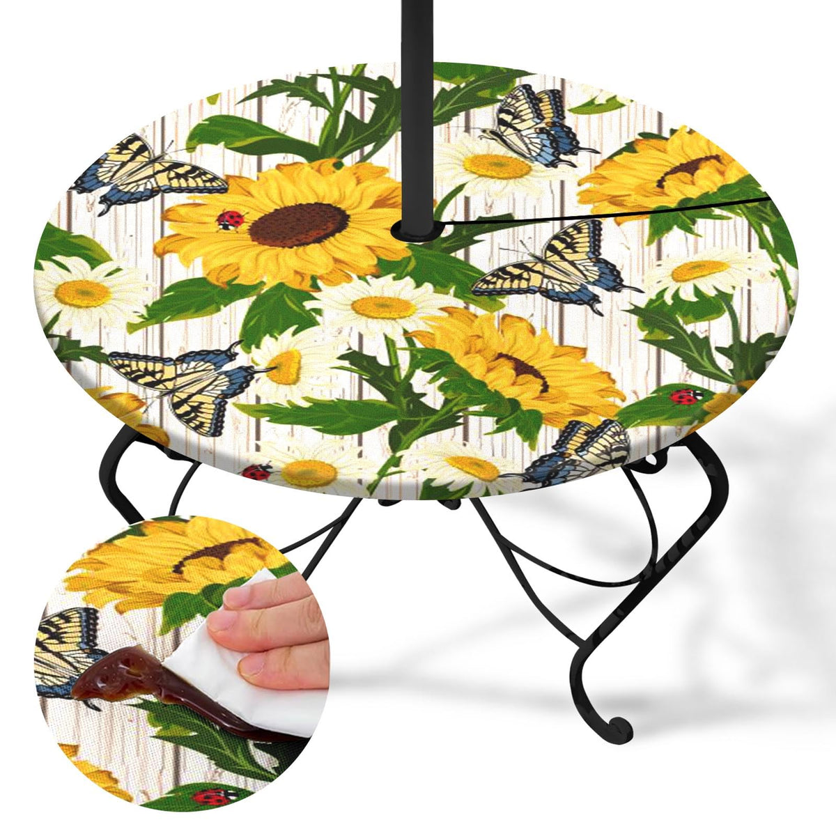 Britown Sunflower Butterfly Round Outdoor Tablecloth With Umbrella Hole, Daisy Fitted Table Cover With Zipper, Outdoor Camping E