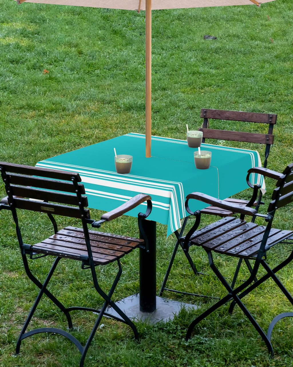 Queenker Outdoor Tablecloth With Umbrella Hole, Farmhouse Aqua White Stripe Square Tables Waterproof Tabletop Collection For Pat