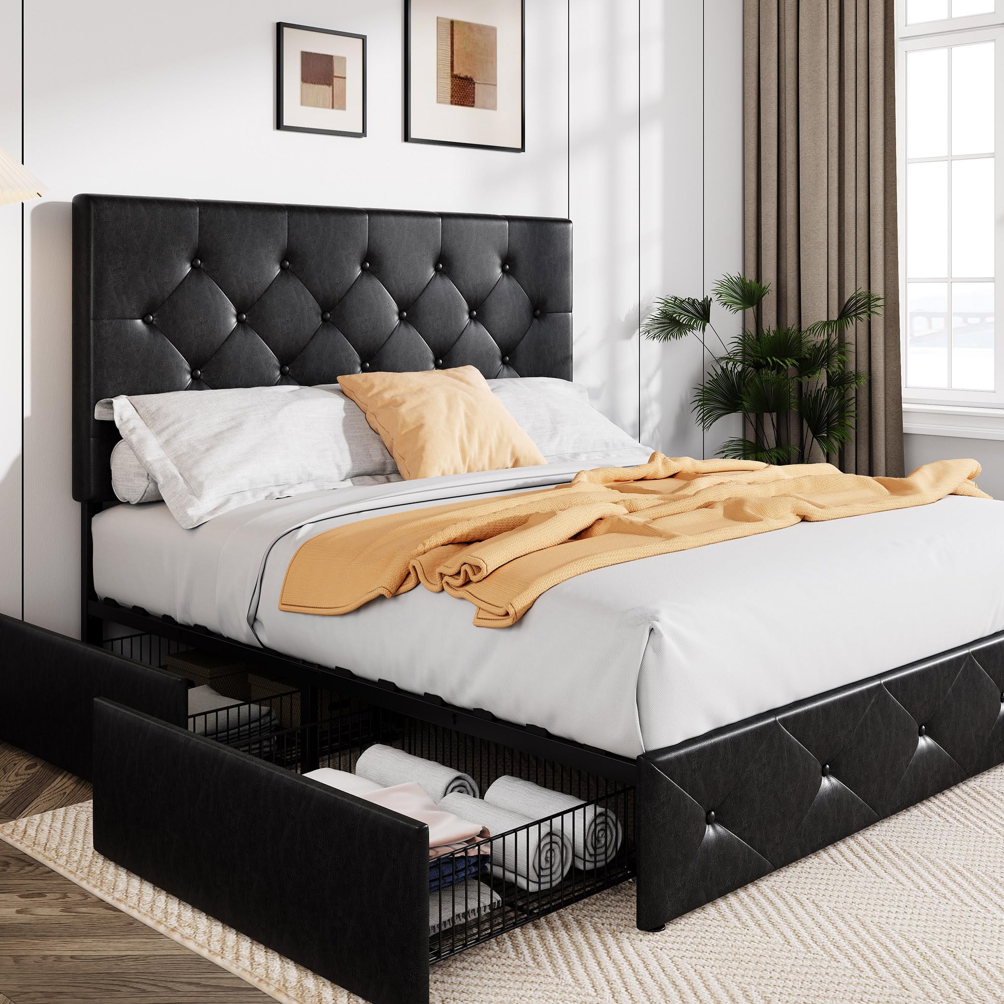 Allewie Upholstered Full Size Platform Bed Frame With 4 Storage Drawers And Headboard, Diamond Stitched Button Tufted, Mattress Foundation With Wooden Slats Support, No Box Spring Needed, Black
