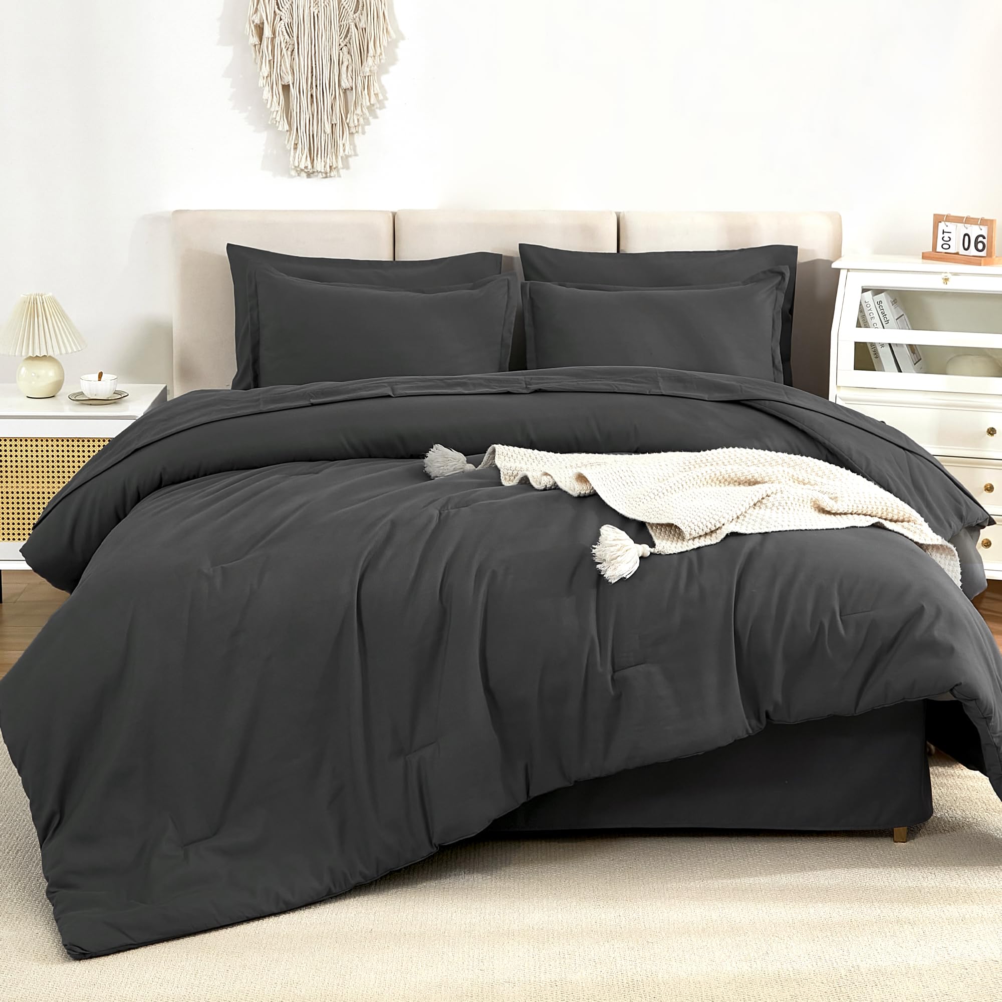 Litanika Comforter California King Size Set Dark Grey - 7 Pieces Bed In A Bag California King Beddding Comforter Sets, Plain Lig