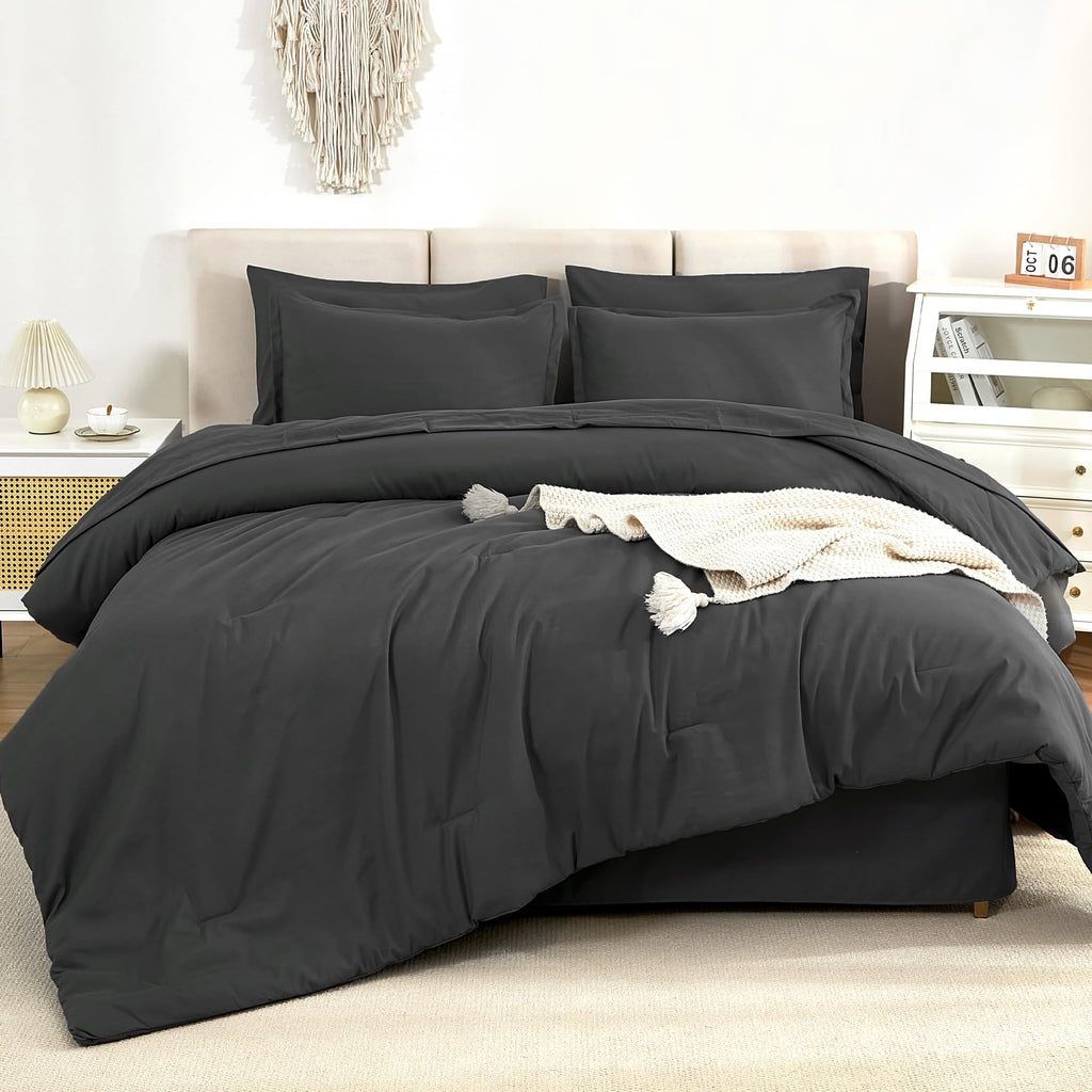 Litanika Comforter King Size Set Dark Grey - 7 Pieces Bed In A Bag King Beddding Comforter Sets, Plain Lightweight Bed Set With