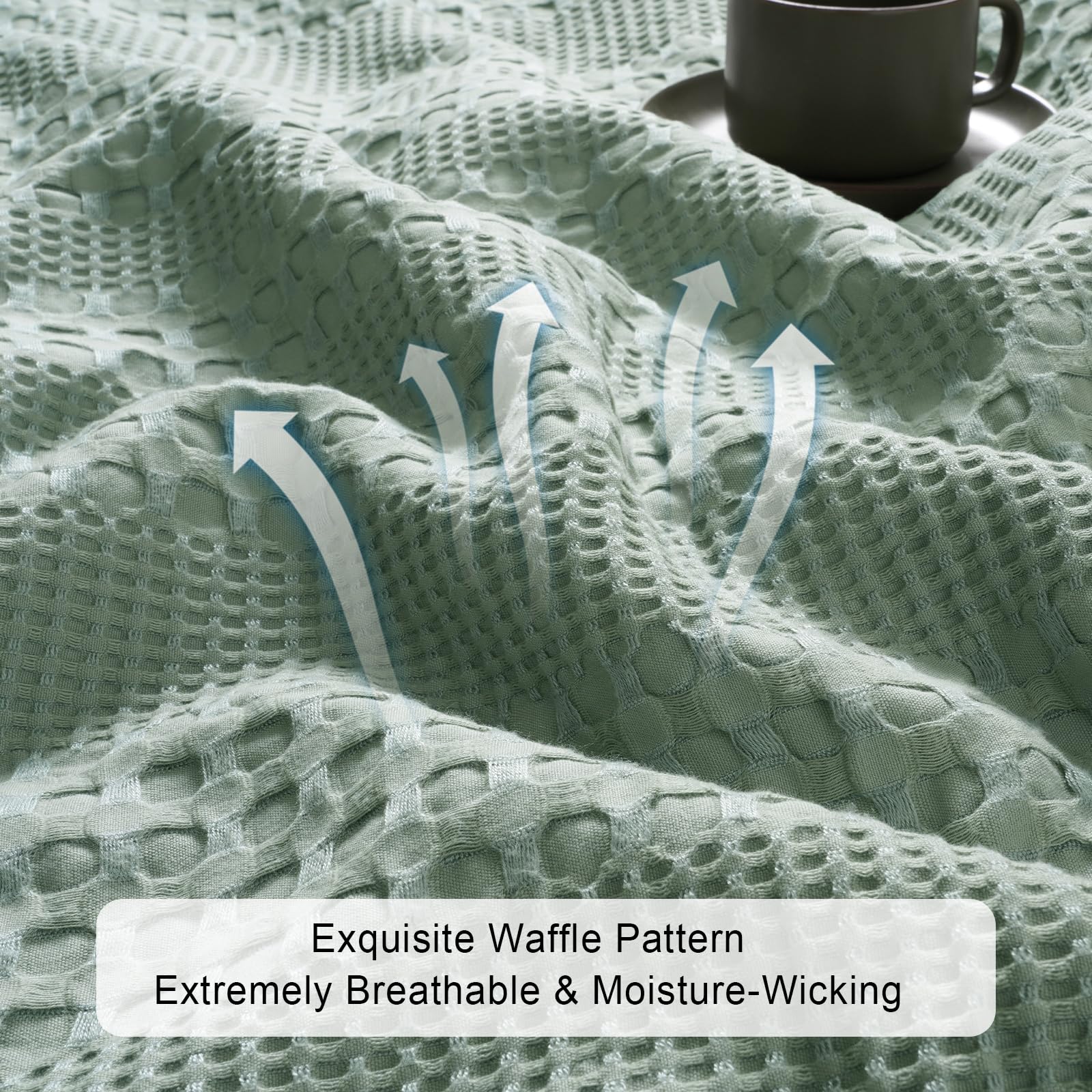 Phf Cooling Waffle Blanket Queen Size, Lightweight 60% Rayon Derived From Bamboo & 40% Cotton Breathable Blanket For Hot Sleepers, Soft And Luxury For Bed Couch And Sofa, 90'X90', Sage Green