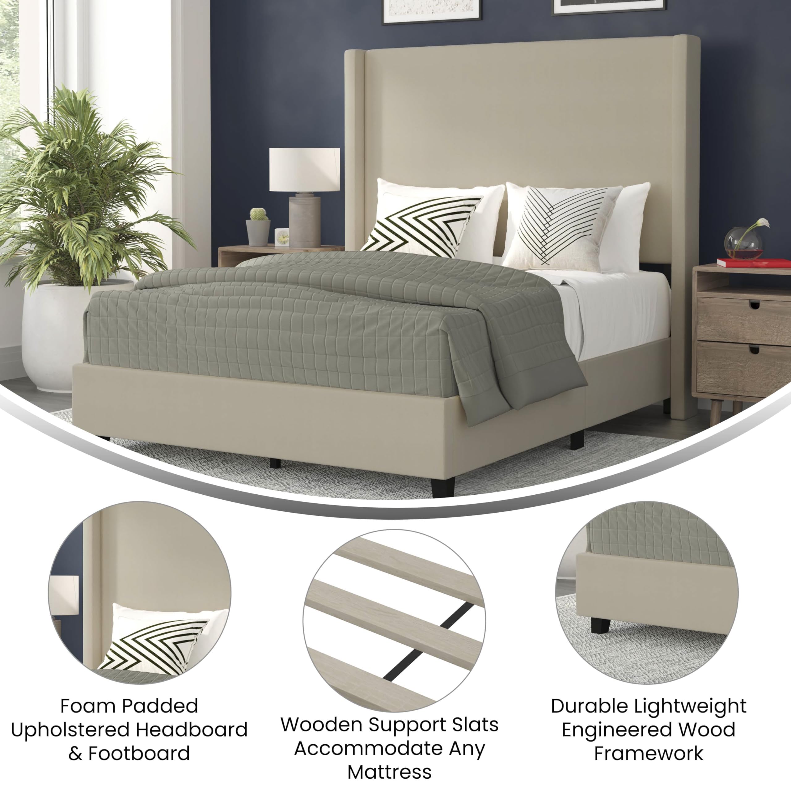 Flash Furniture Quinn Upholstered Platform Bed - Beige Channel Stitched Wingback Headboard - Full - Mattress Foundation with Slatted Supports - No Box Spring Needed
