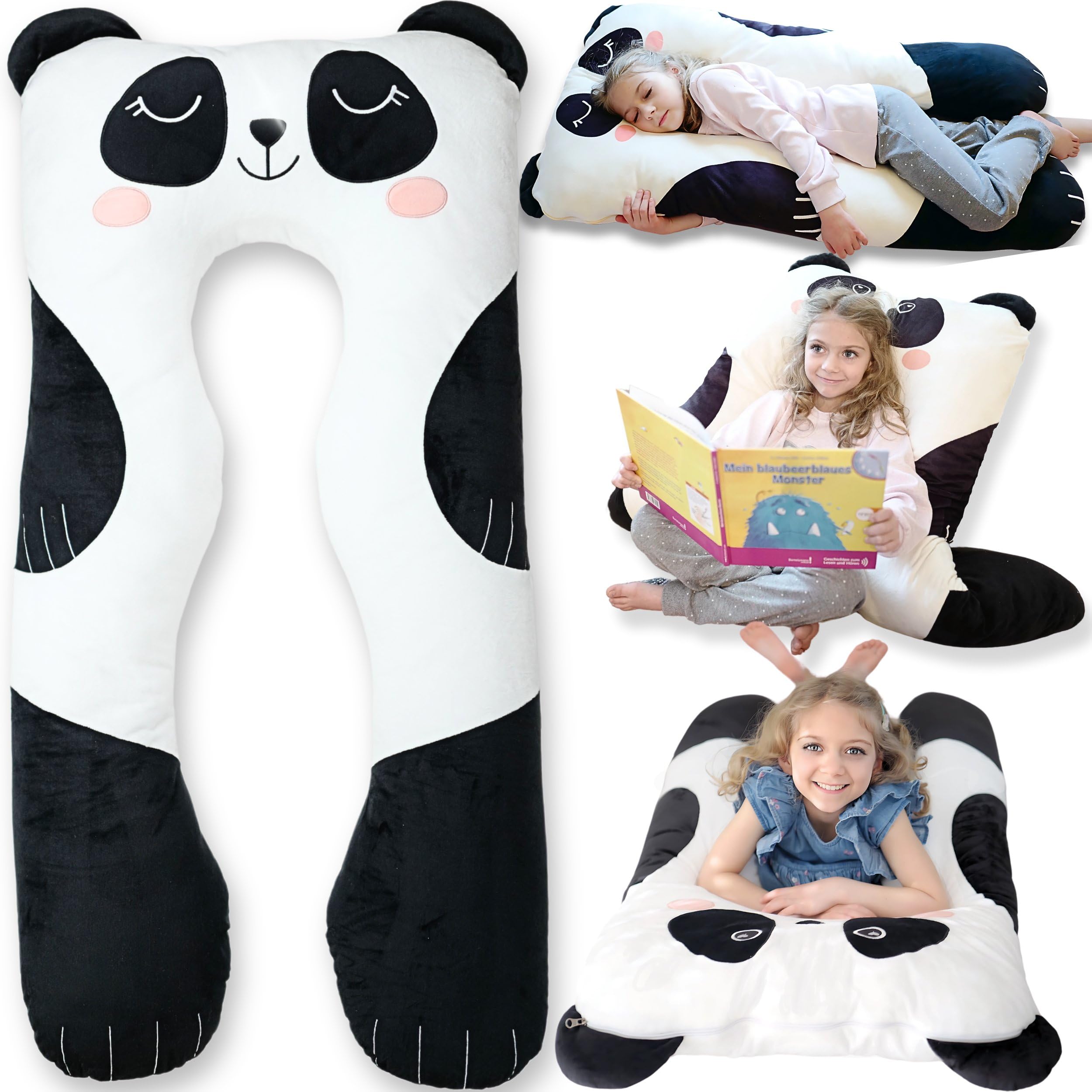 Lunamira Panda Kids Body Pillow - 47' U-Shape Long Plush Soft Animal Pillow For Kids, Sleeping, Reading, Adhd & Special Needs C