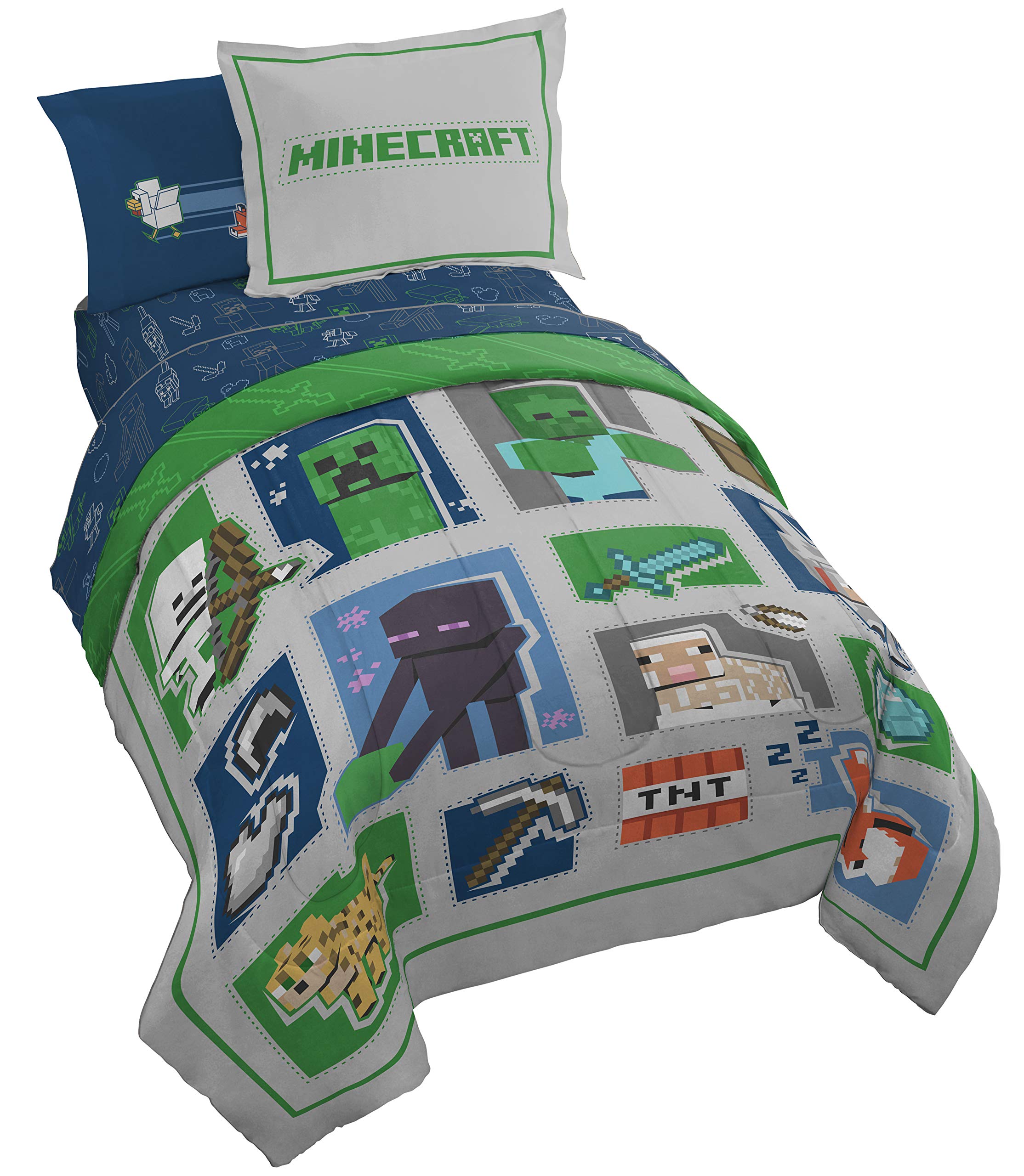 Jay Franco Minecraft 7Pc Full Bed Set - Includes Comforter, Sheet Set & Decorative Pillow Shams - Features Creeper, Ghost, Zombi