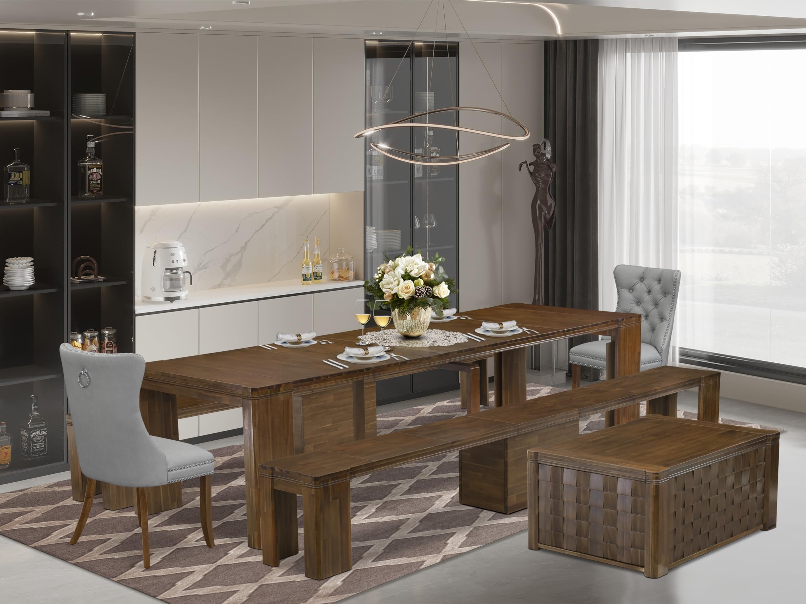 Luxe by East West Furniture - X02DA-2C8-27 - 6 Pieces Dining Table Set includes an Extendable Rectangle Kitchen Table, 1 Coffee Table, 2 Dining Chairs and 2 Benches, 39x120 Inch, Antique Walnut