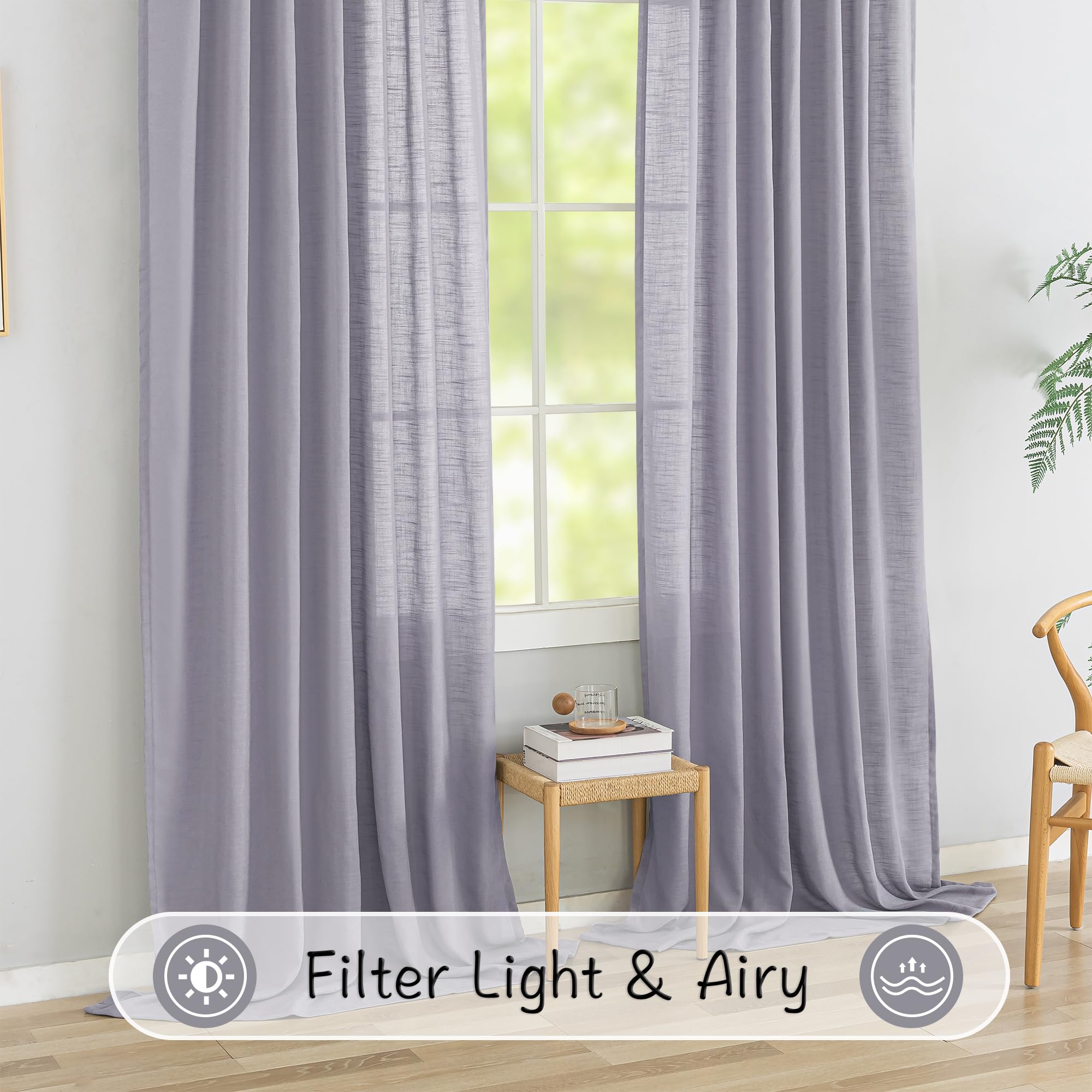 Light Purple Linen Back Tab Curtains 102 Inches Long 2 Panels Set For High Windows - Rustic Hooks Belt Pinch Pleated Look Easy Sliding Curtains Pocket Light Filtering Semi Privacy Drapres Lavender