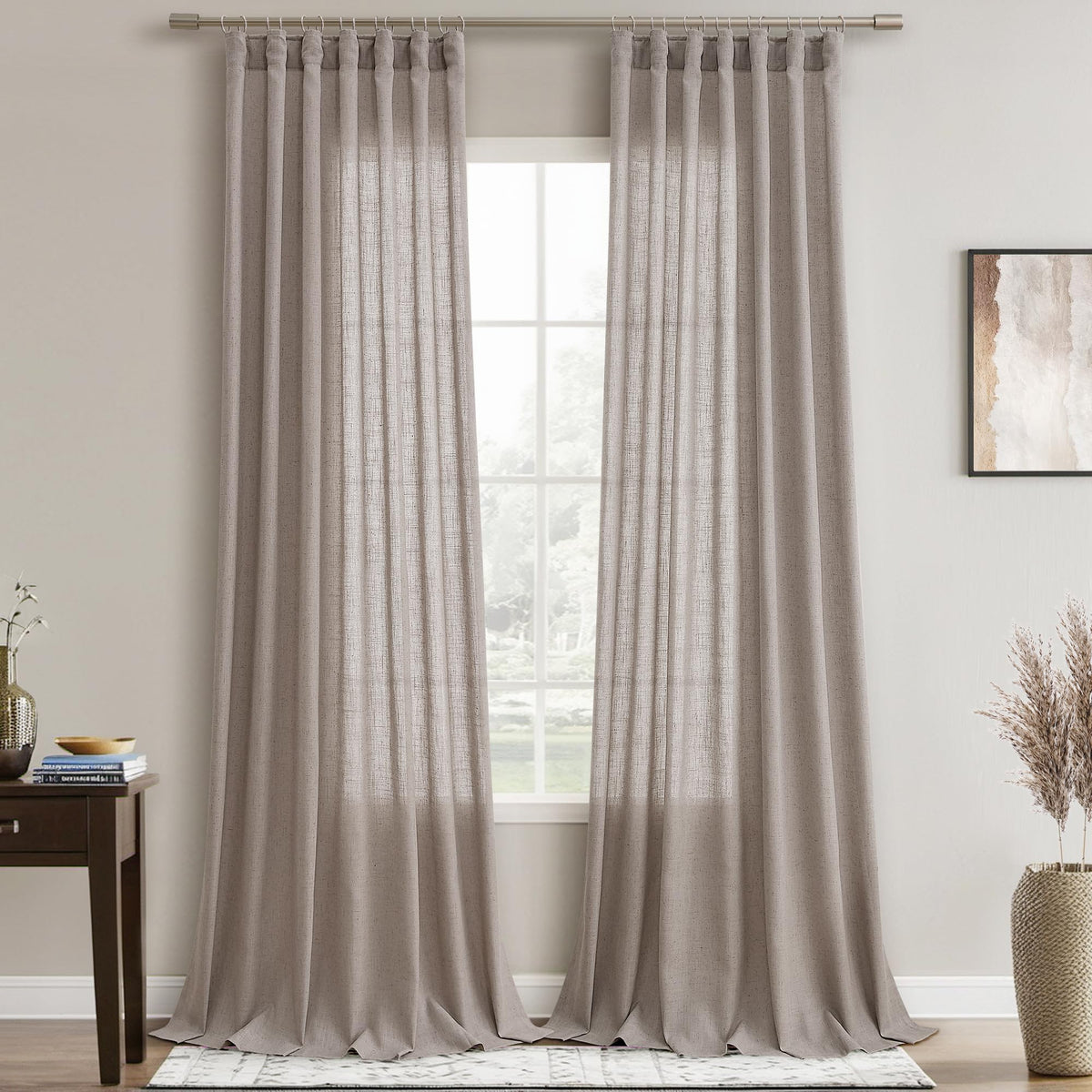 Joywell Gray Birch Linen Semi Sheer Curtains 108 Inches Length Long Rod Pocket Back Tab Hook Belt Clip Rings Window Curtains Drapes For Bedroom Living Room 2 Panels 52X108