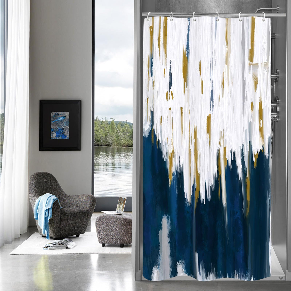 Mitovilla Navy Blue Small Stall Shower Curtain 36 X 72, Ombre Narrow Half Size Fabric Shower Curtains For Modern Abstract Bathro