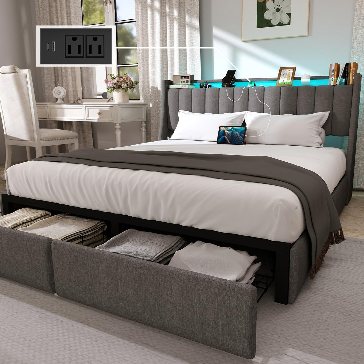 Queen Bed Frame With 2 Storage Drawers, Platform Bed Frame Queen Size With Led Light, Upholstered Headboard, Charging Station, S