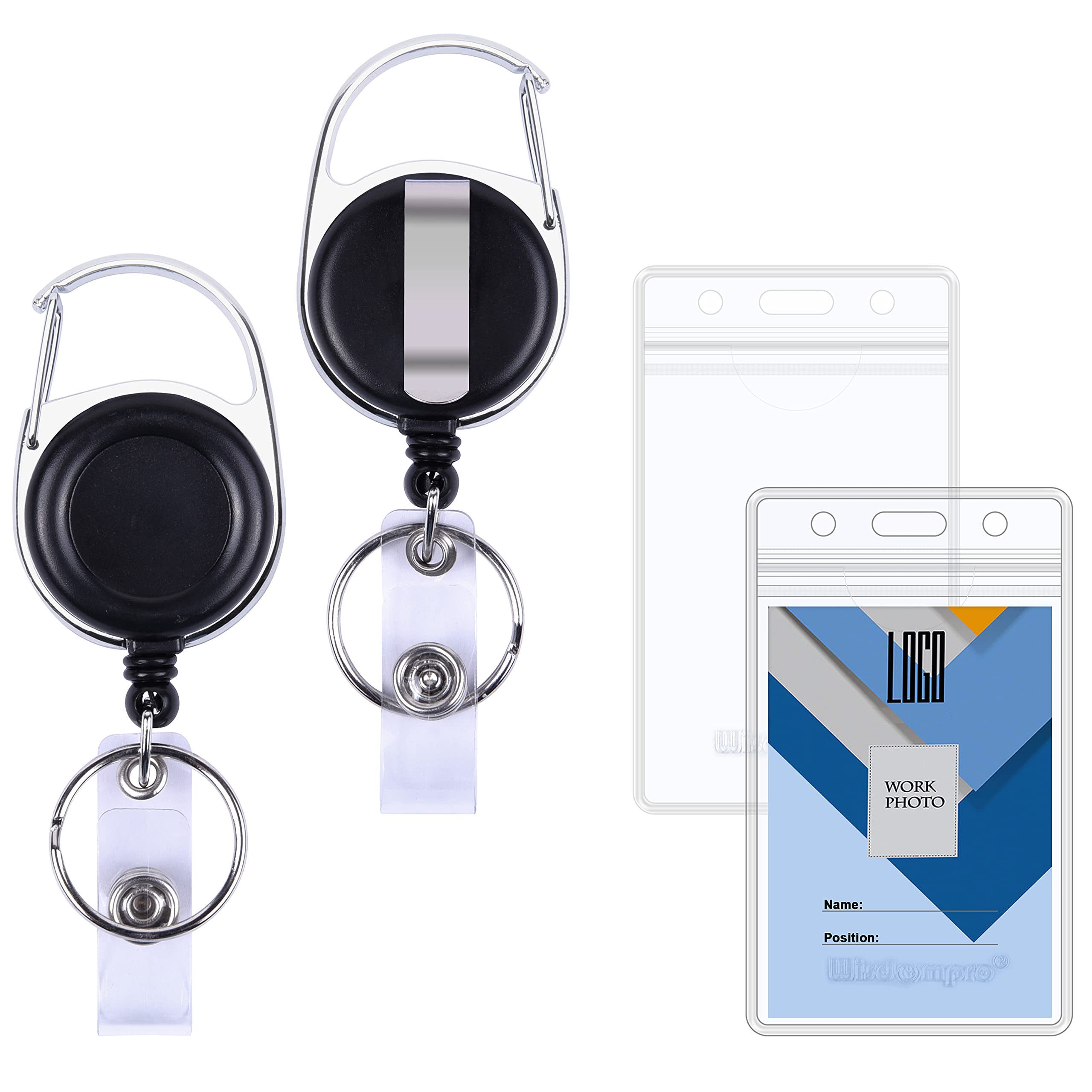 Wisdompro Badge Holder With Retractable Reel, 2 Pack Vertical Double Sided Clear Id Badge Card Holder And Carabiner Badge Reel W