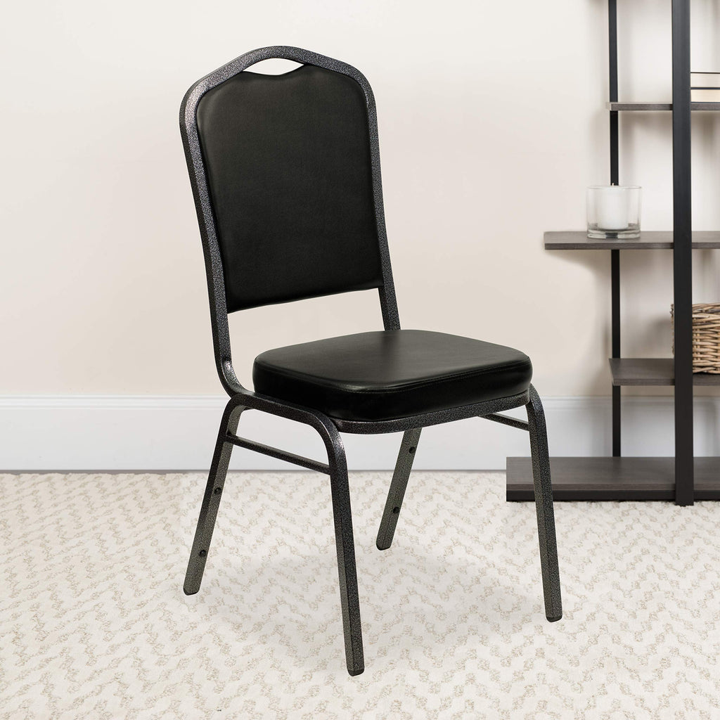 Flash Furniture HERCULES Series Crown Back Stacking Banquet Chair in Black Vinyl - Silver Vein Frame