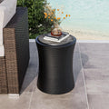 COSIEST Outdoor Side Table Black, Round MgO Concrete Side Table, Lightweight Outdoor Accent Table with Faux Natural Slate Rock, 