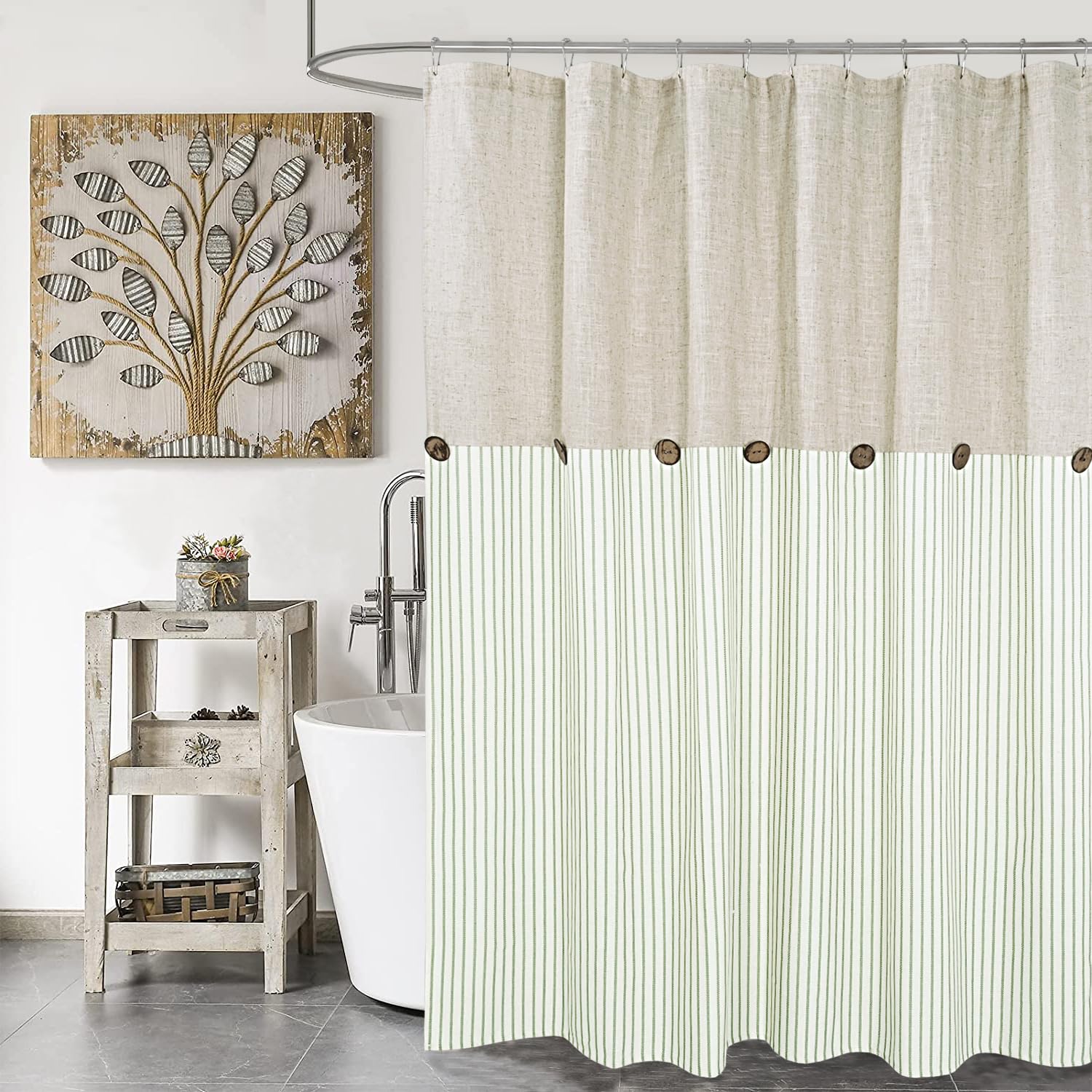 Dosly Id  Es Farmhouse Shower Curtain,Beige And Green Stripe,Button Curtain,Linen And Cotton Blend Fabric,Rustic Charm Country C