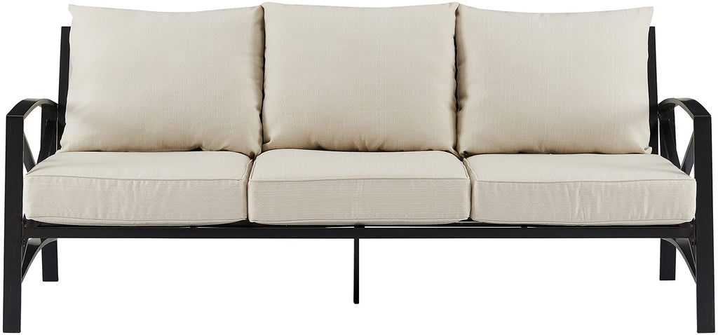 Crosley Furniture Kaplan Outdoor Sofa with Steel Frame, 3-Person Patio Couch for Porch, Deck, Backyard, Oiled Bronze with Oatmeal Cushions