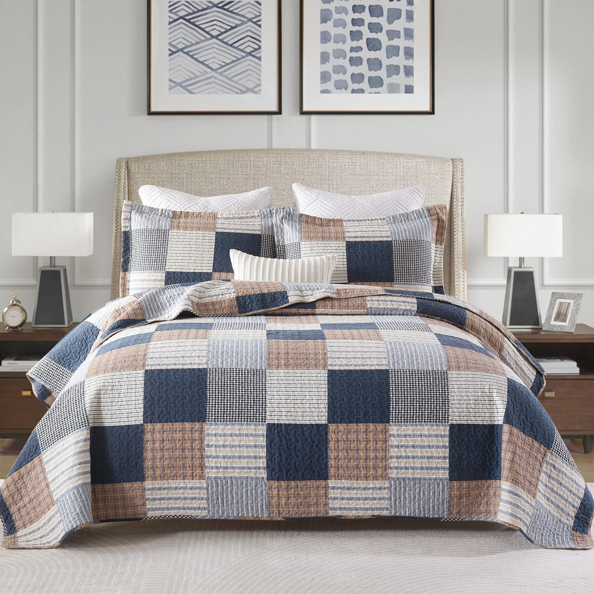 Pangushan 100% Cotton Quilt Set King Size, Patchwork Plaid King Quilt Bedding Set Bedspreads, Farmhouse Lightweight Comforter Re